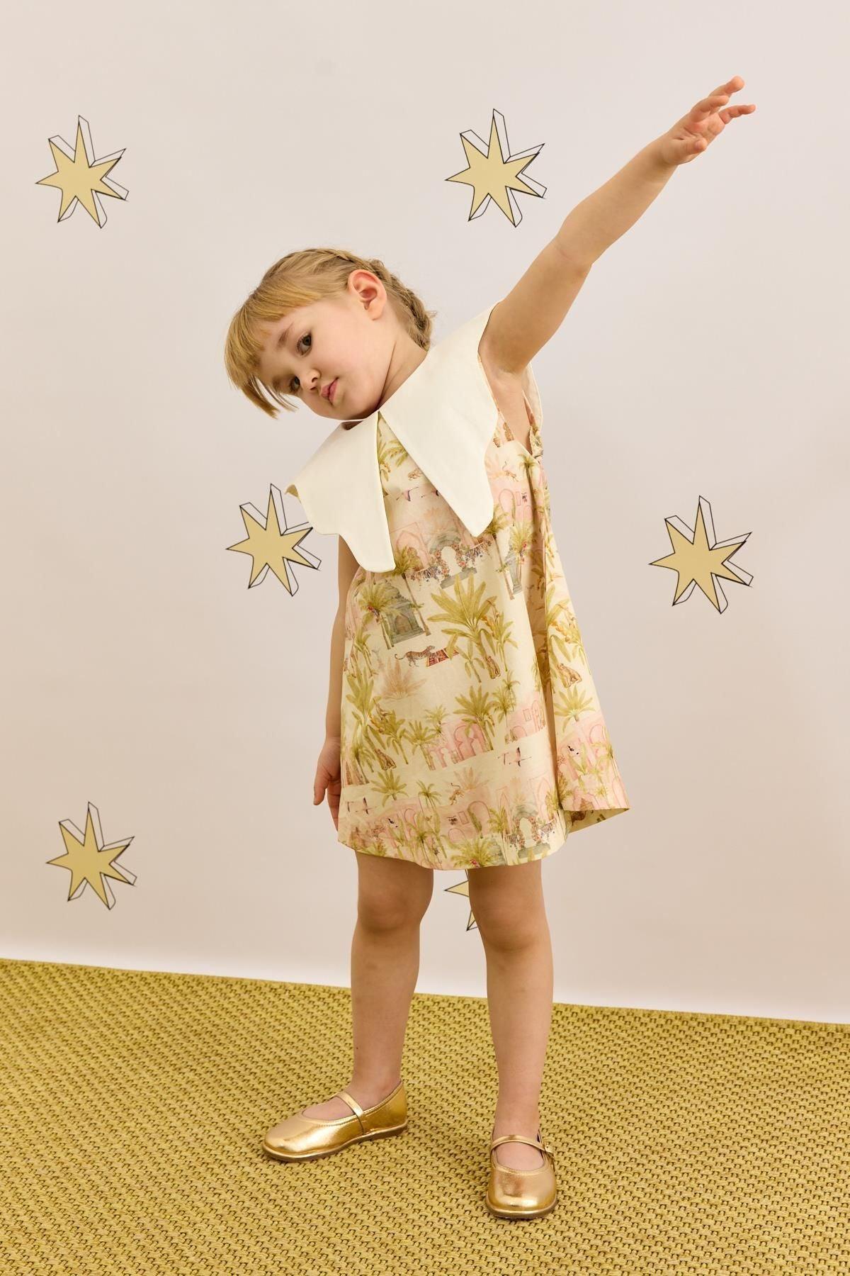 Asimetrik Yakalı Deve Desenli Elbise Açık Yeşil