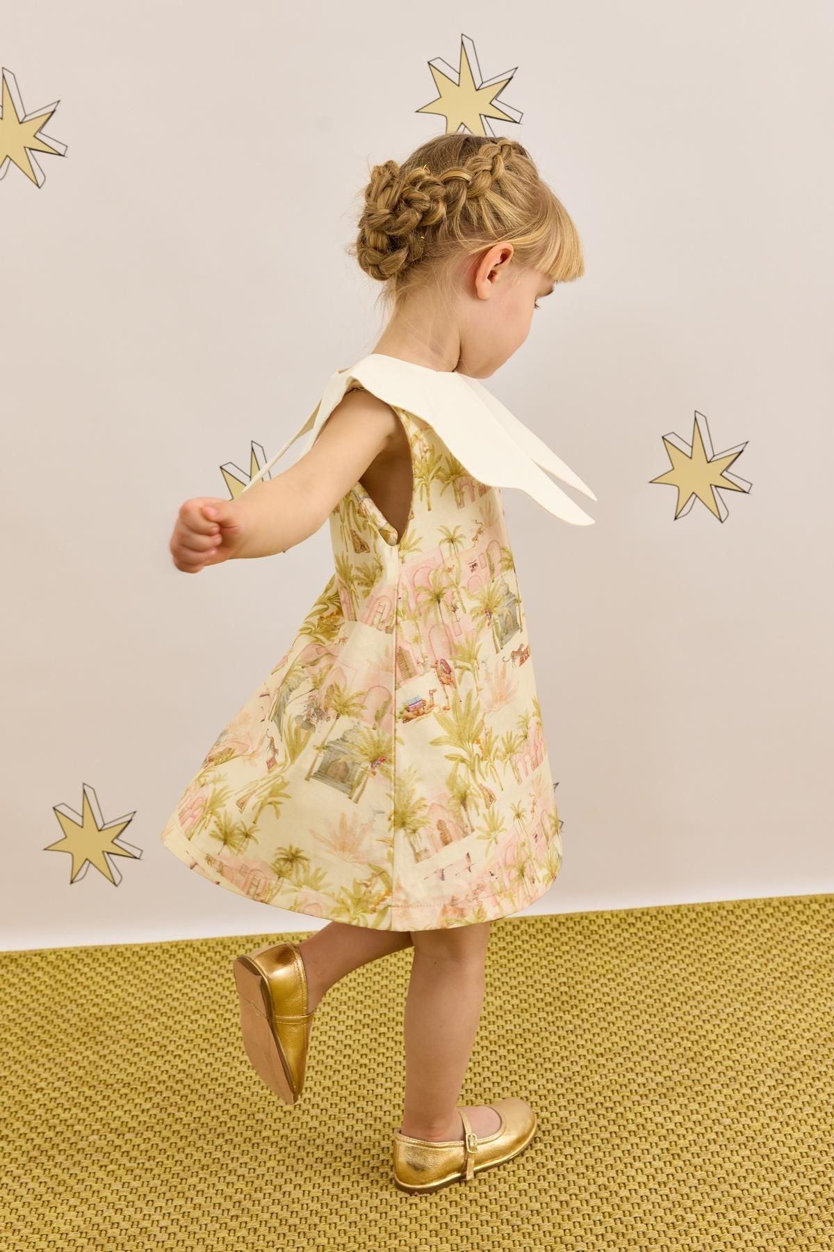 Asimetrik Yakalı Deve Desenli Elbise Açık Yeşil