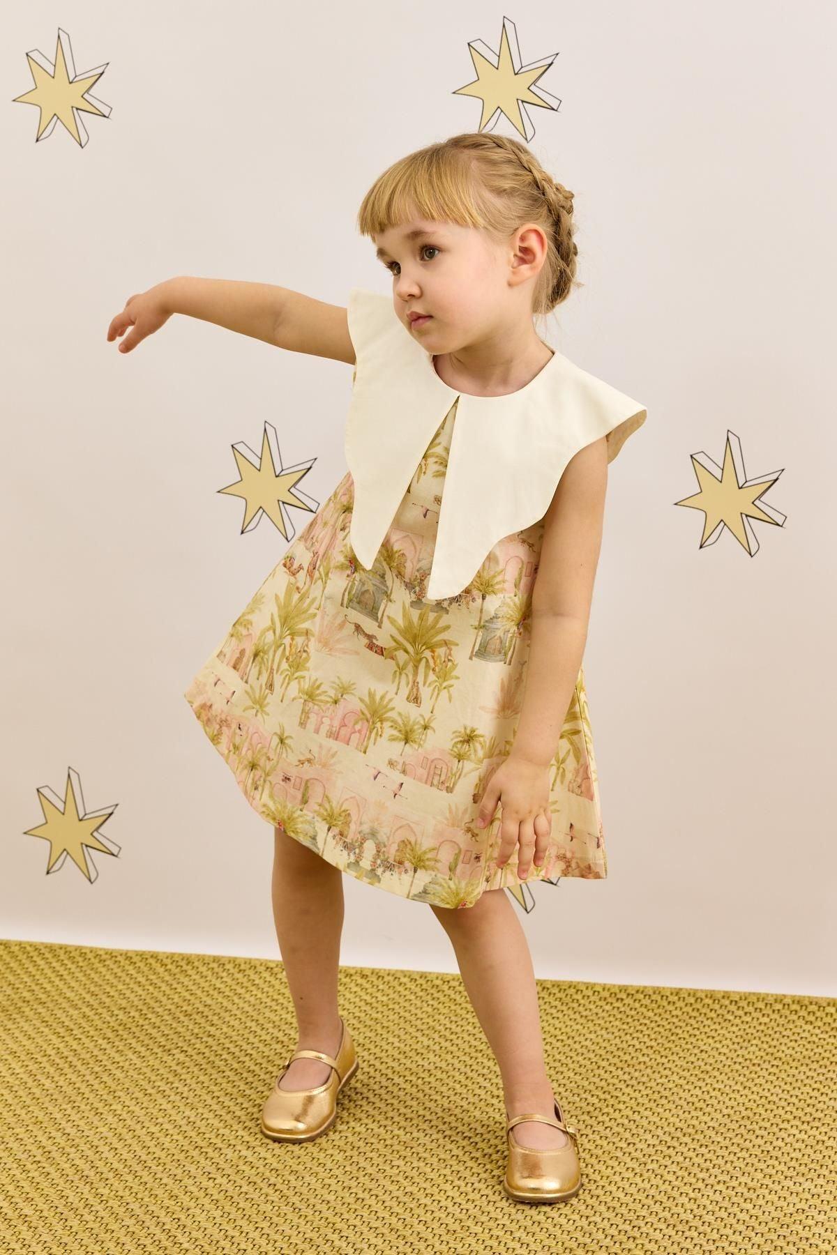 Asimetrik Yakalı Deve Desenli Elbise Açık Yeşil