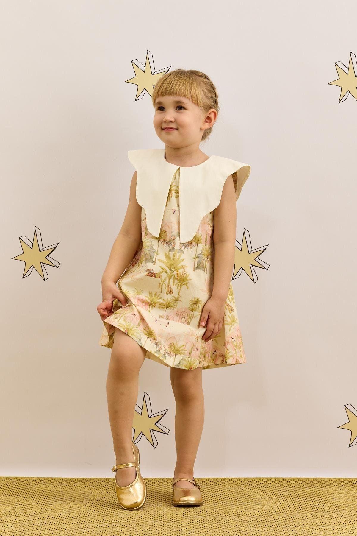 Asimetrik Yakalı Deve Desenli Elbise Açık Yeşil