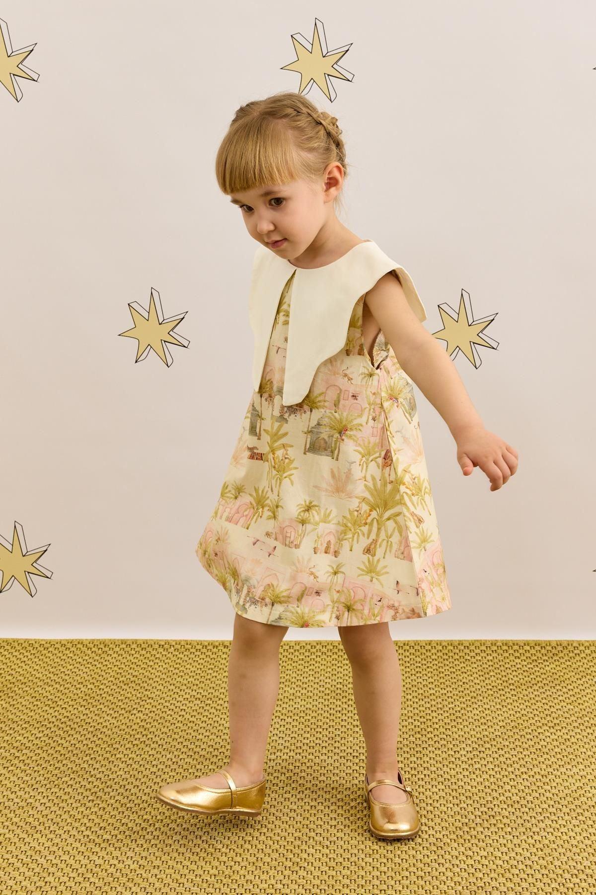 Asimetrik Yakalı Deve Desenli Elbise Açık Yeşil