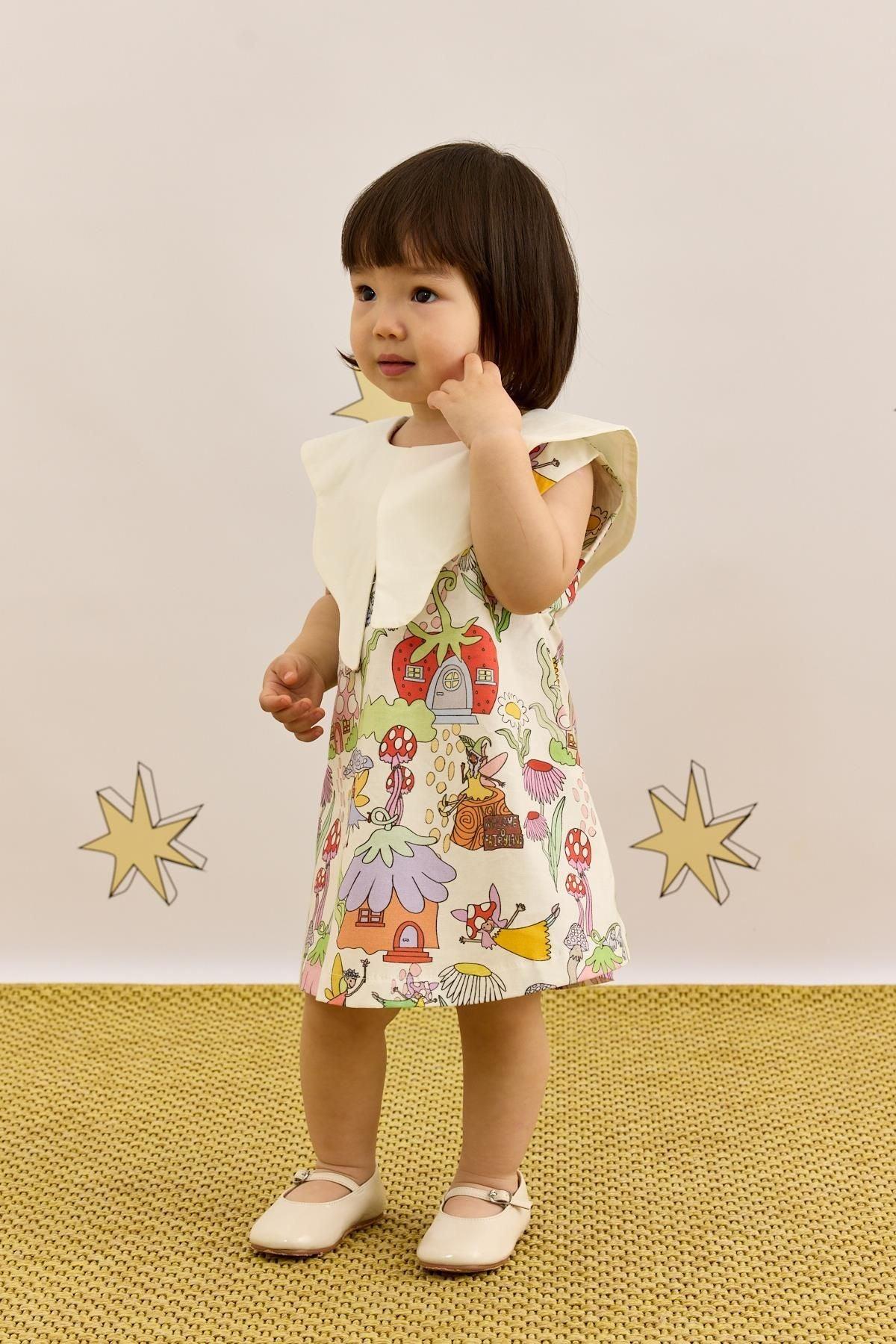 Asimetrik Yakalı Mantar Desenli Elbise Ekru