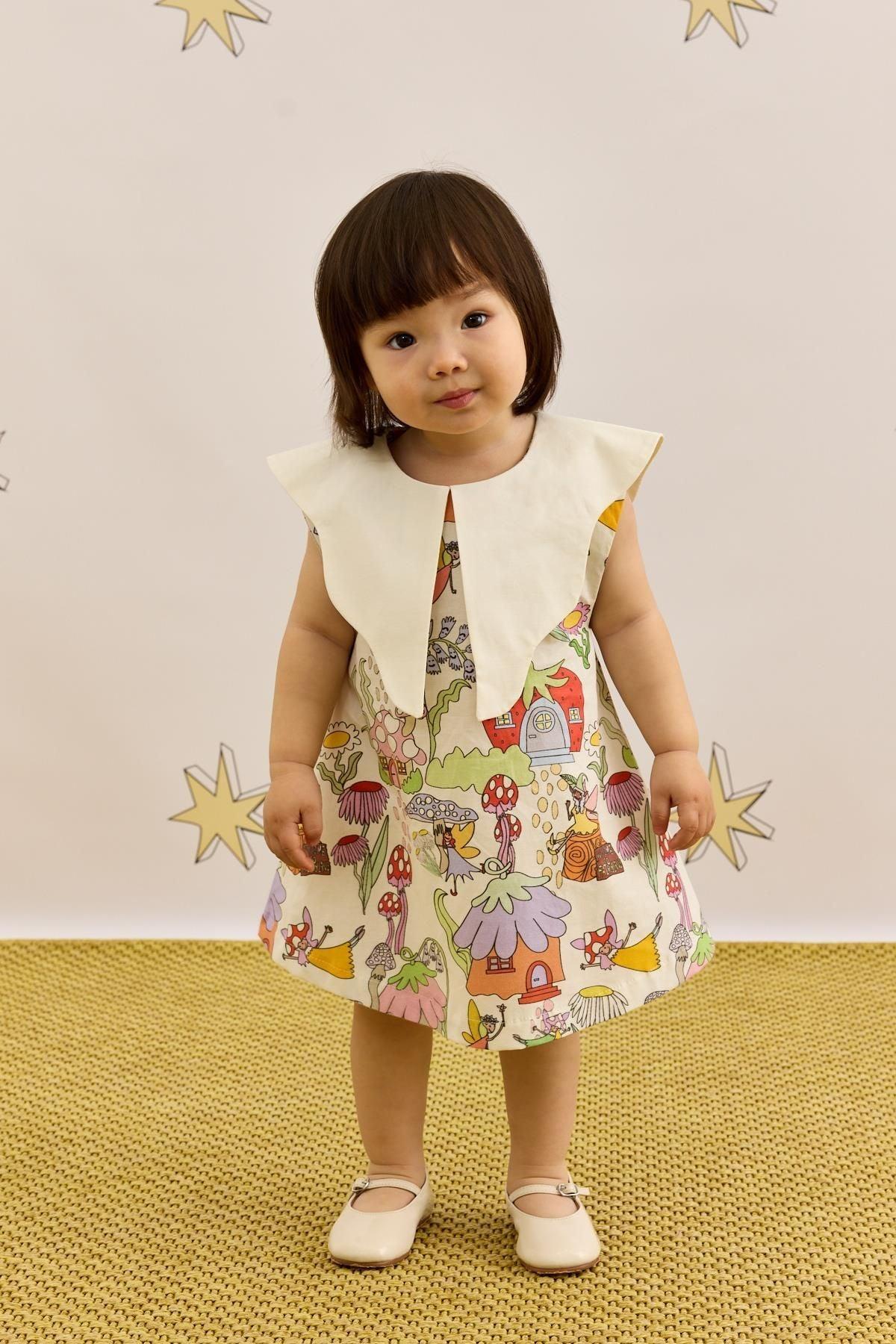 Asimetrik Yakalı Mantar Desenli Elbise Ekru