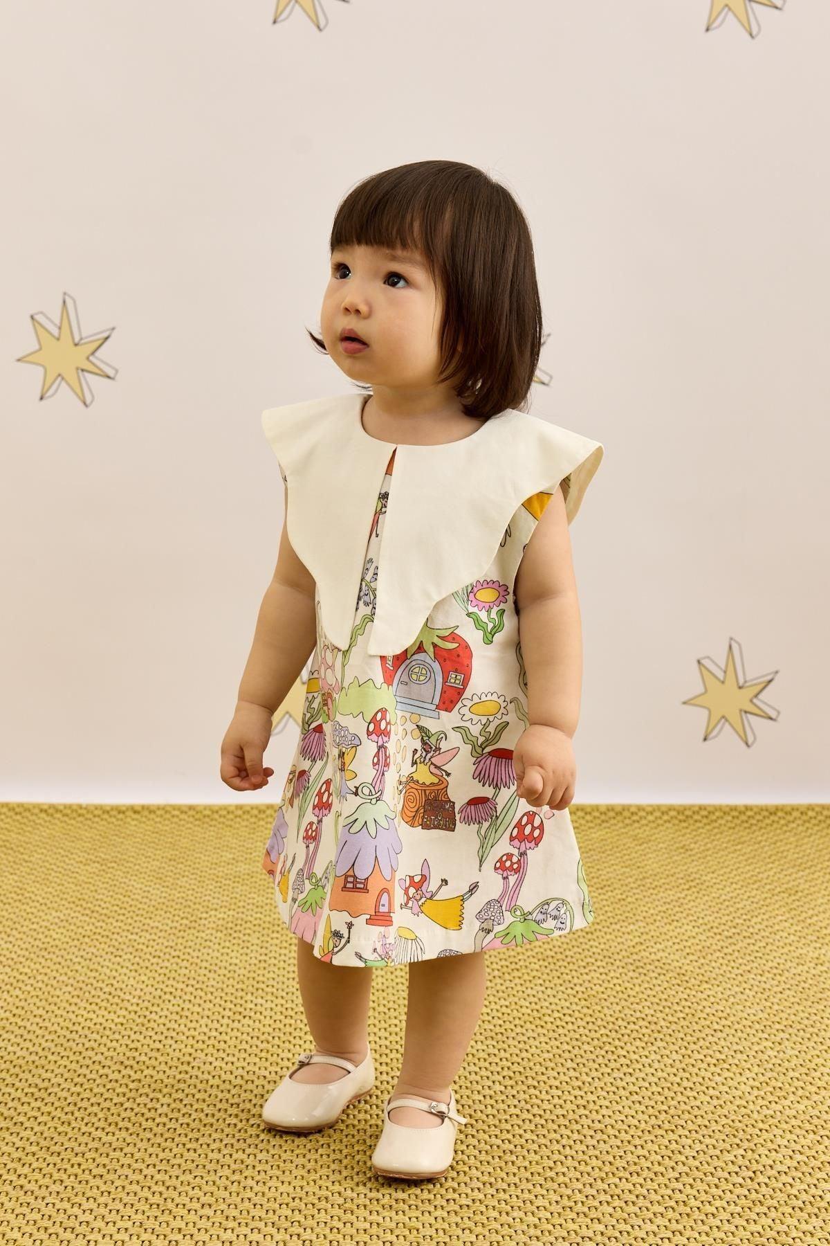 Asimetrik Yakalı Mantar Desenli Elbise Ekru