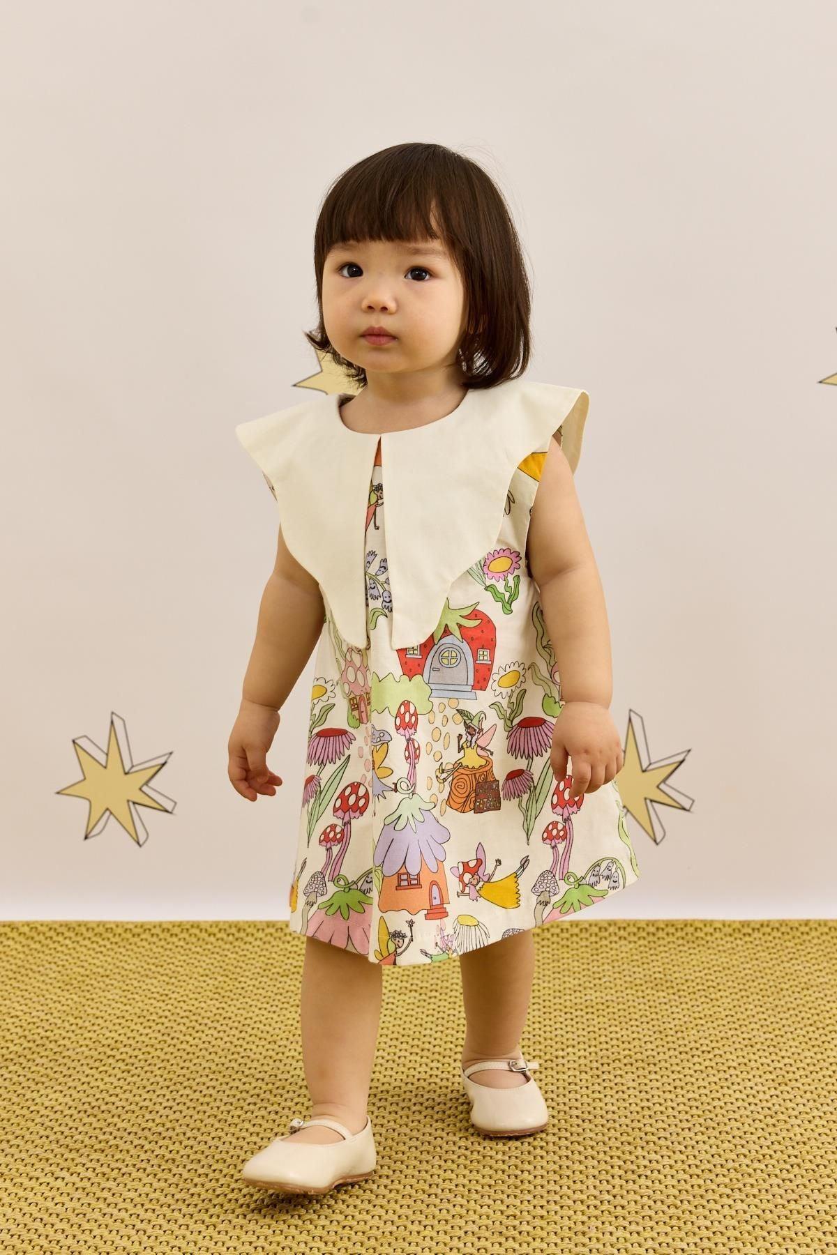 Asimetrik Yakalı Mantar Desenli Elbise Ekru