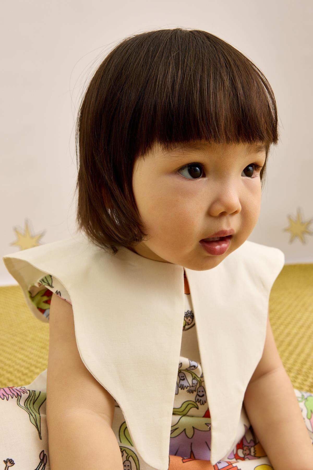 Asimetrik Yakalı Mantar Desenli Elbise Ekru