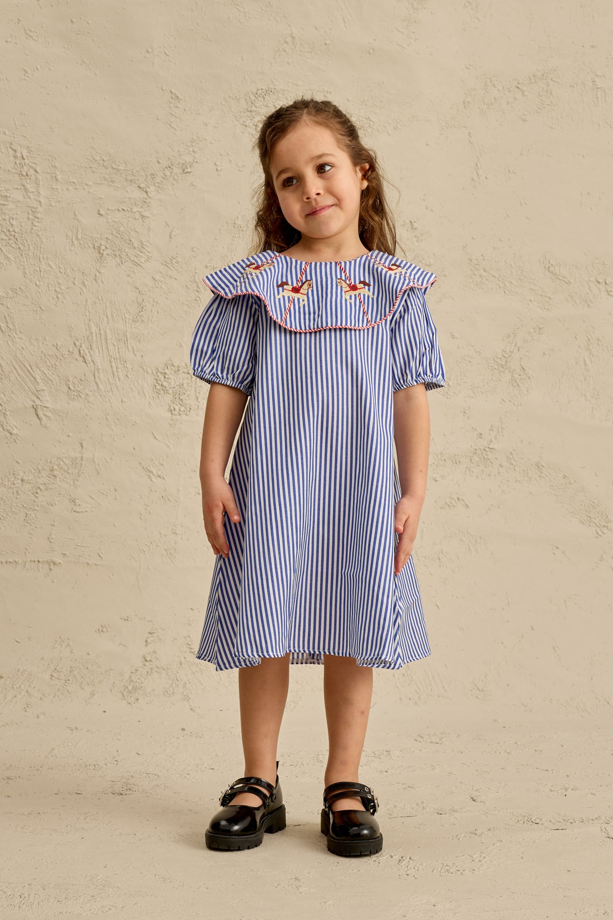 At Nakışlı Elbise Çizgili Mavi