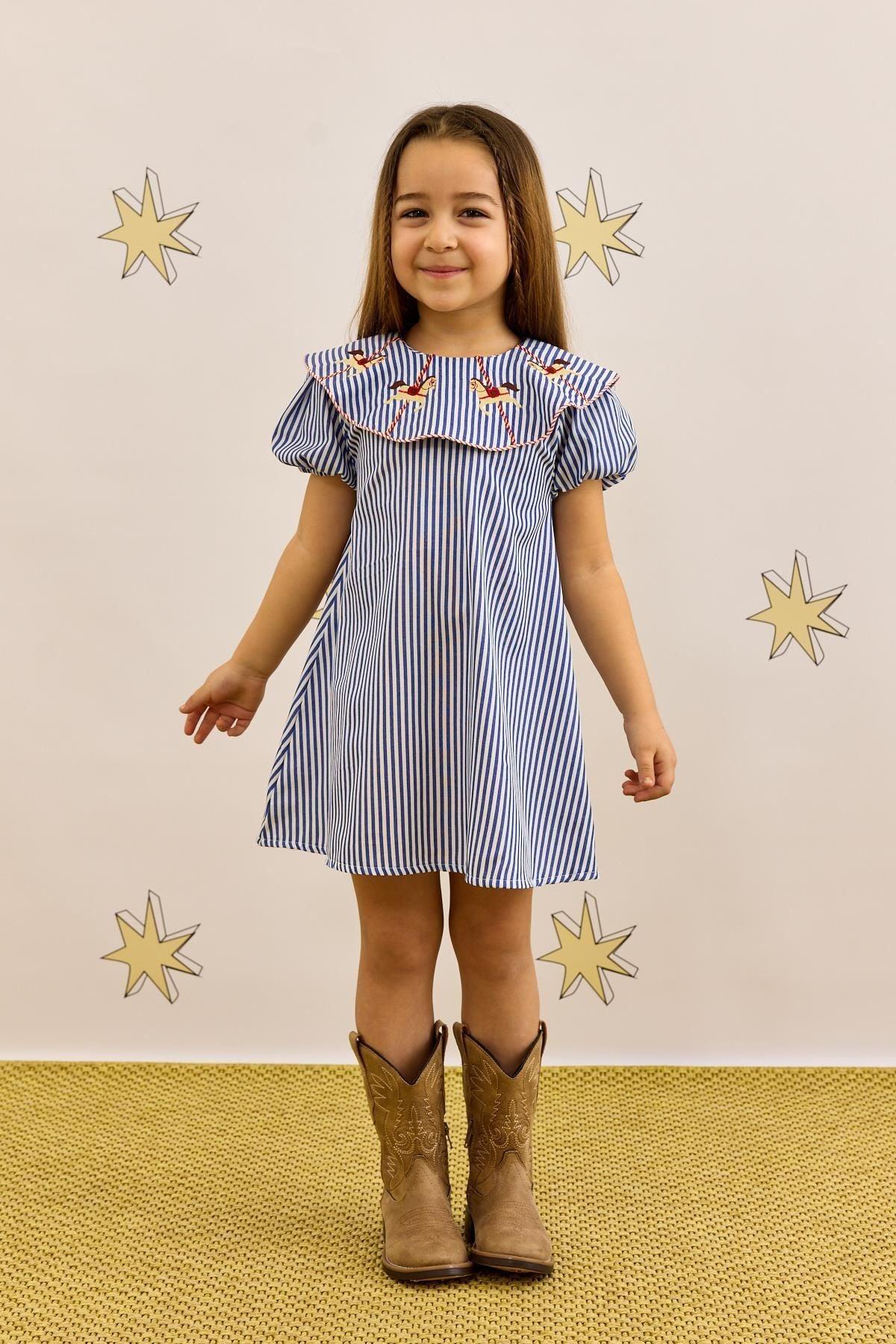 At Nakışlı Elbise Çizgili Mavi