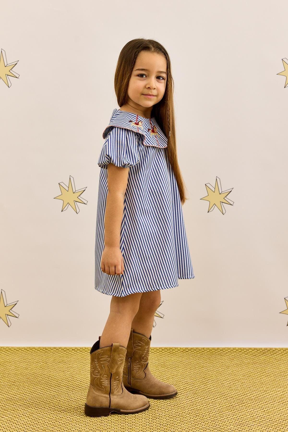 At Nakışlı Elbise Çizgili Mavi