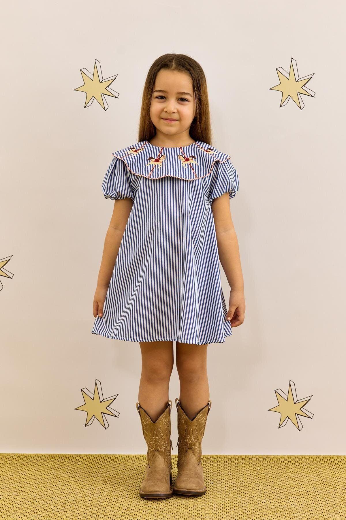 At Nakışlı Elbise Çizgili Mavi