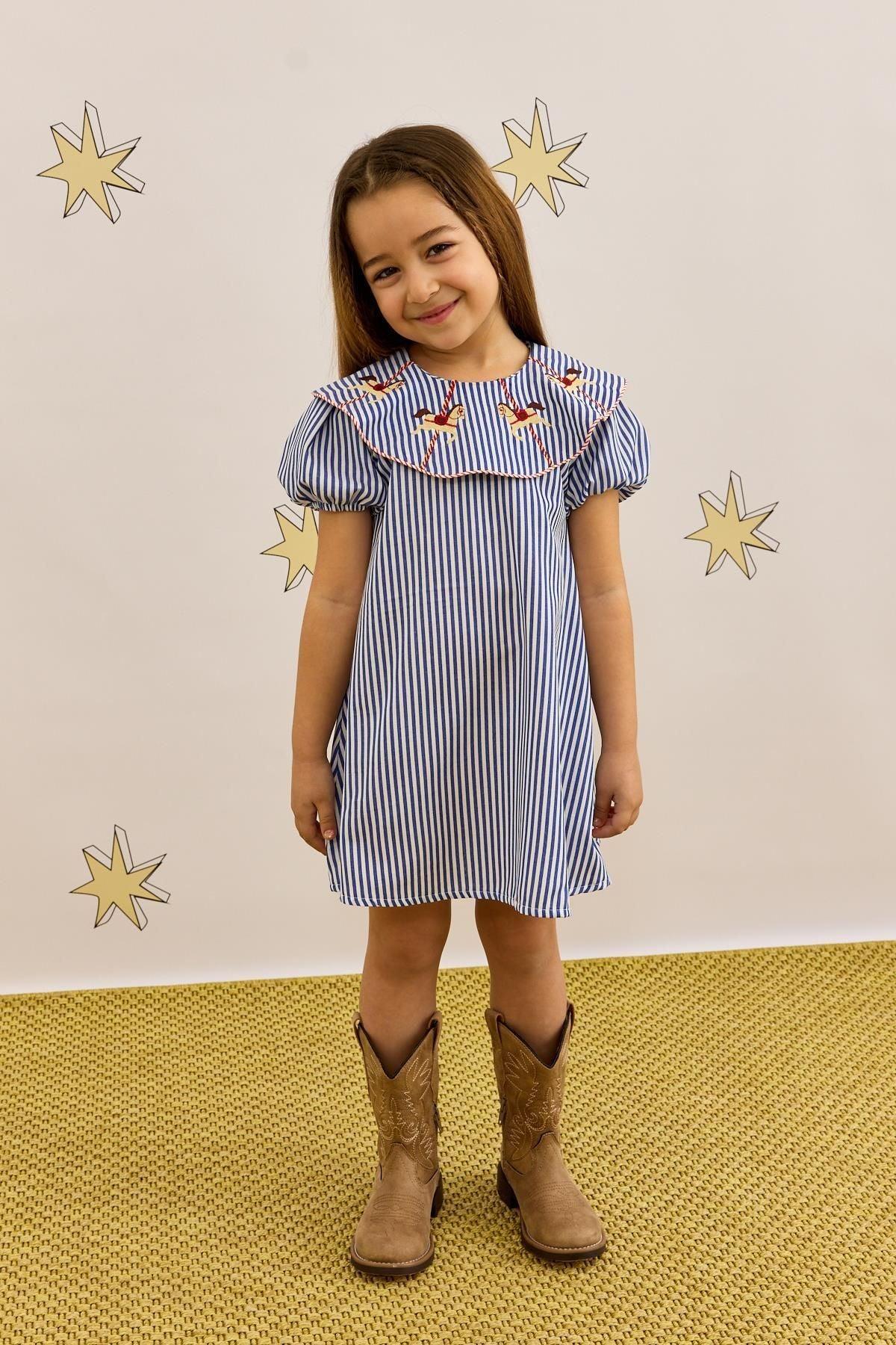 At Nakışlı Elbise Çizgili Mavi