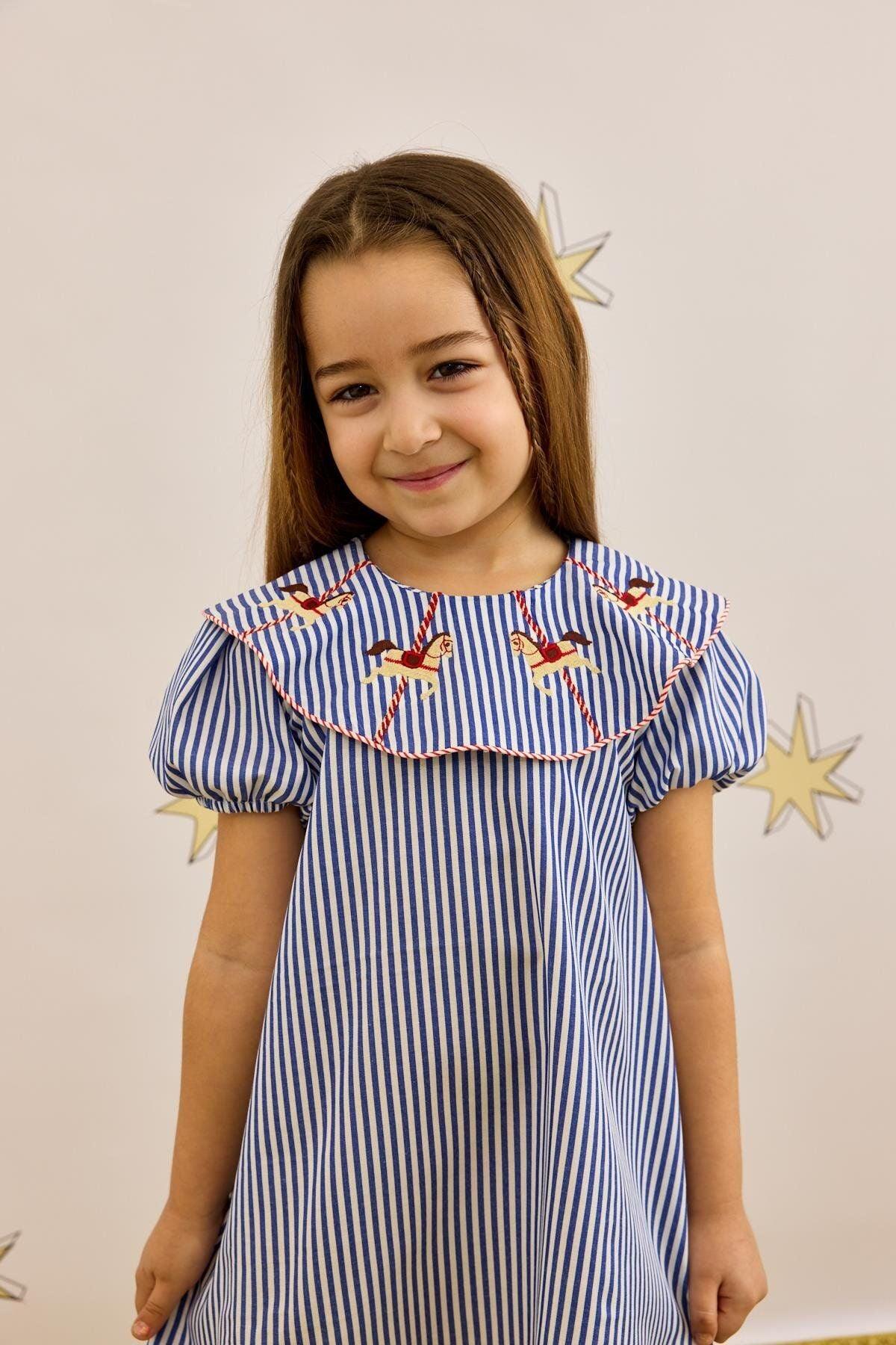 At Nakışlı Elbise Çizgili Mavi