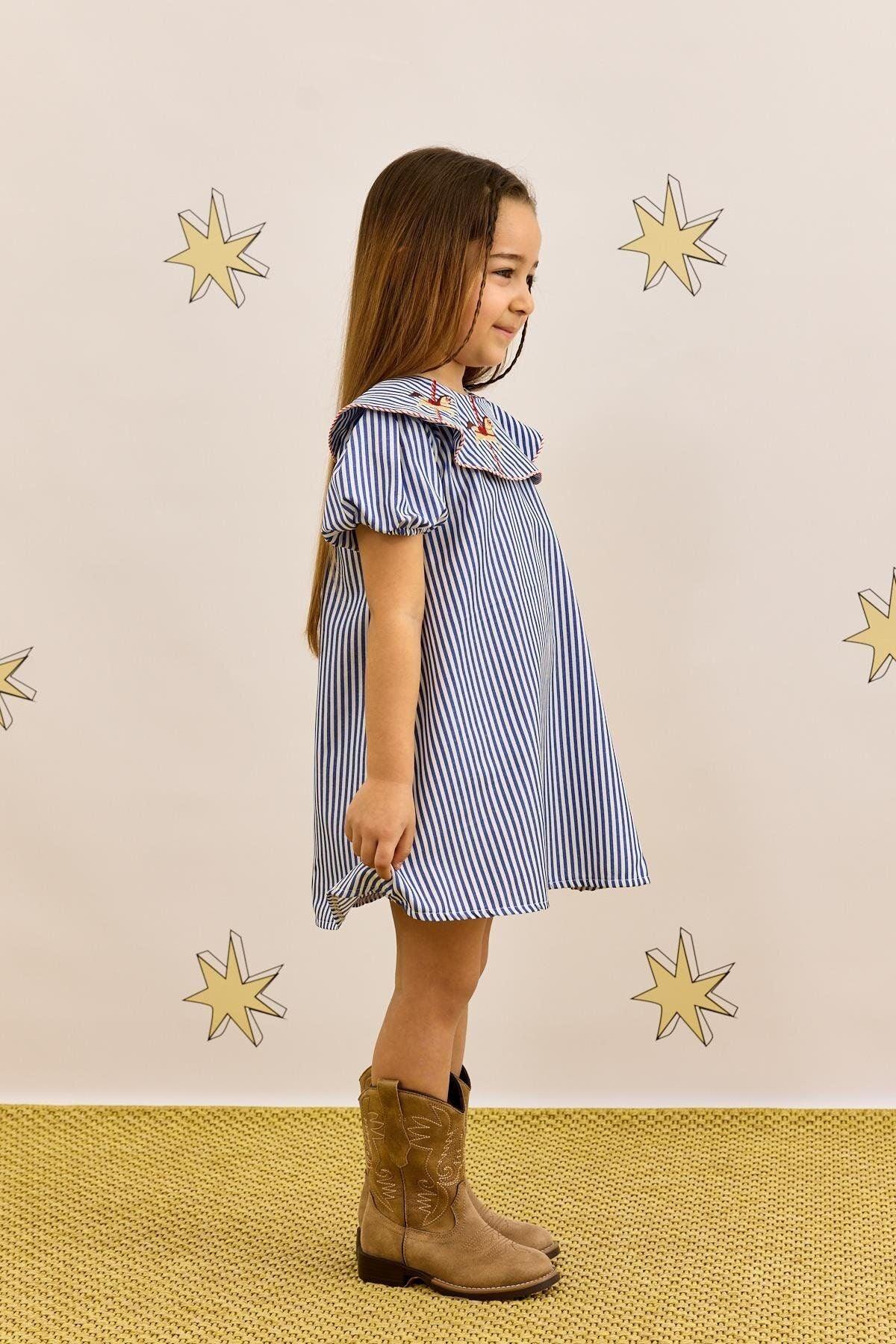 At Nakışlı Elbise Çizgili Mavi