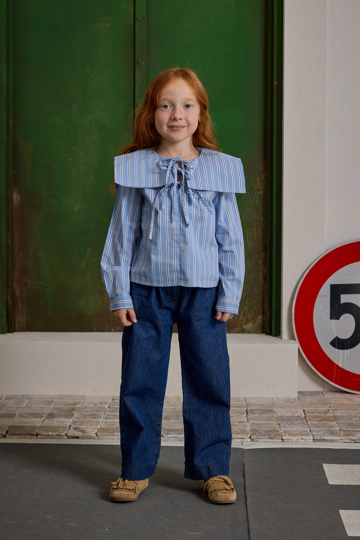 Bağcık Detaylı Çizgili Gömlek Mavi