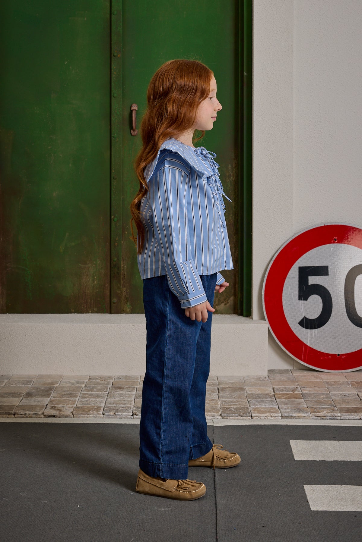 Bağcık Detaylı Çizgili Gömlek Mavi