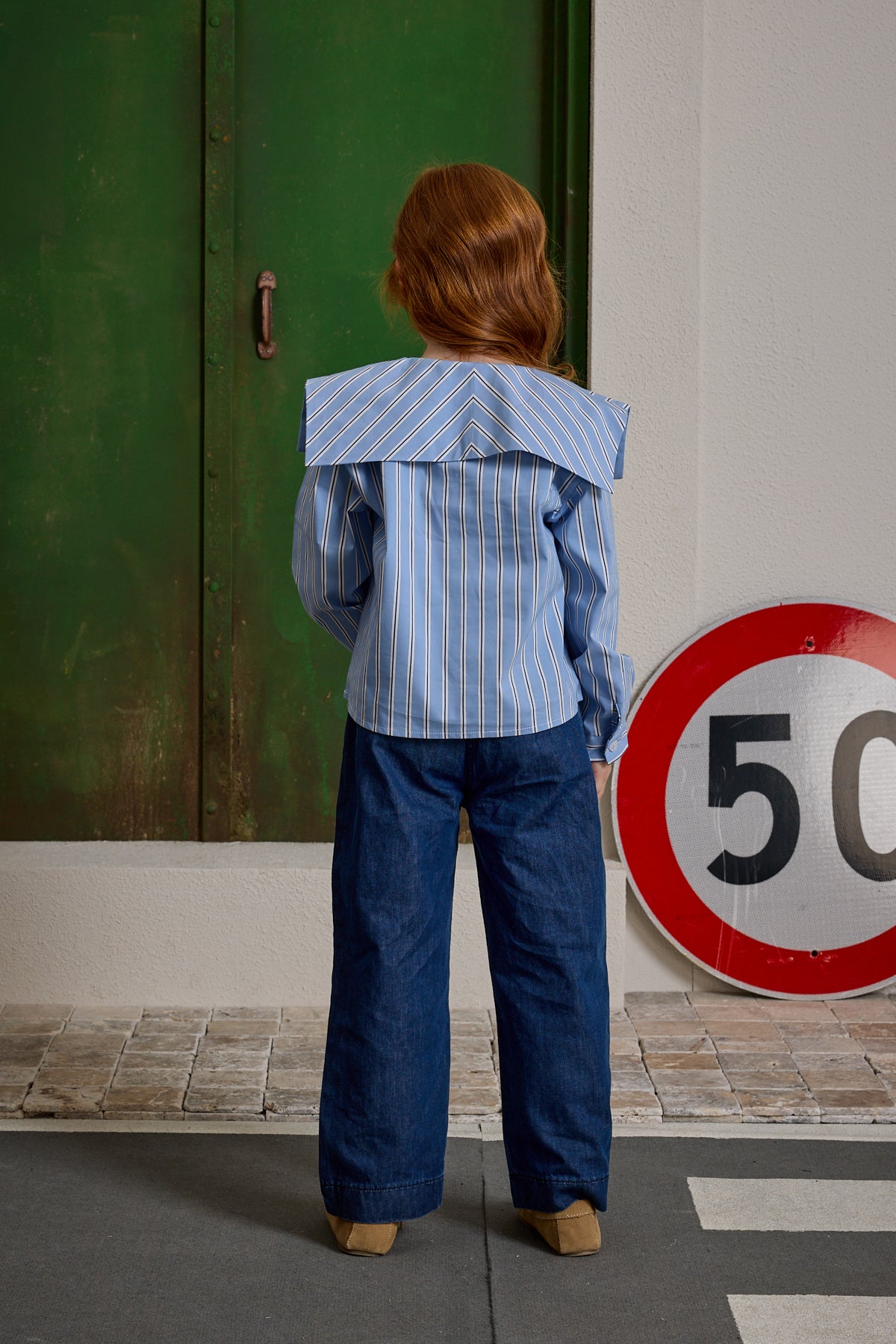 Bağcık Detaylı Çizgili Gömlek Mavi