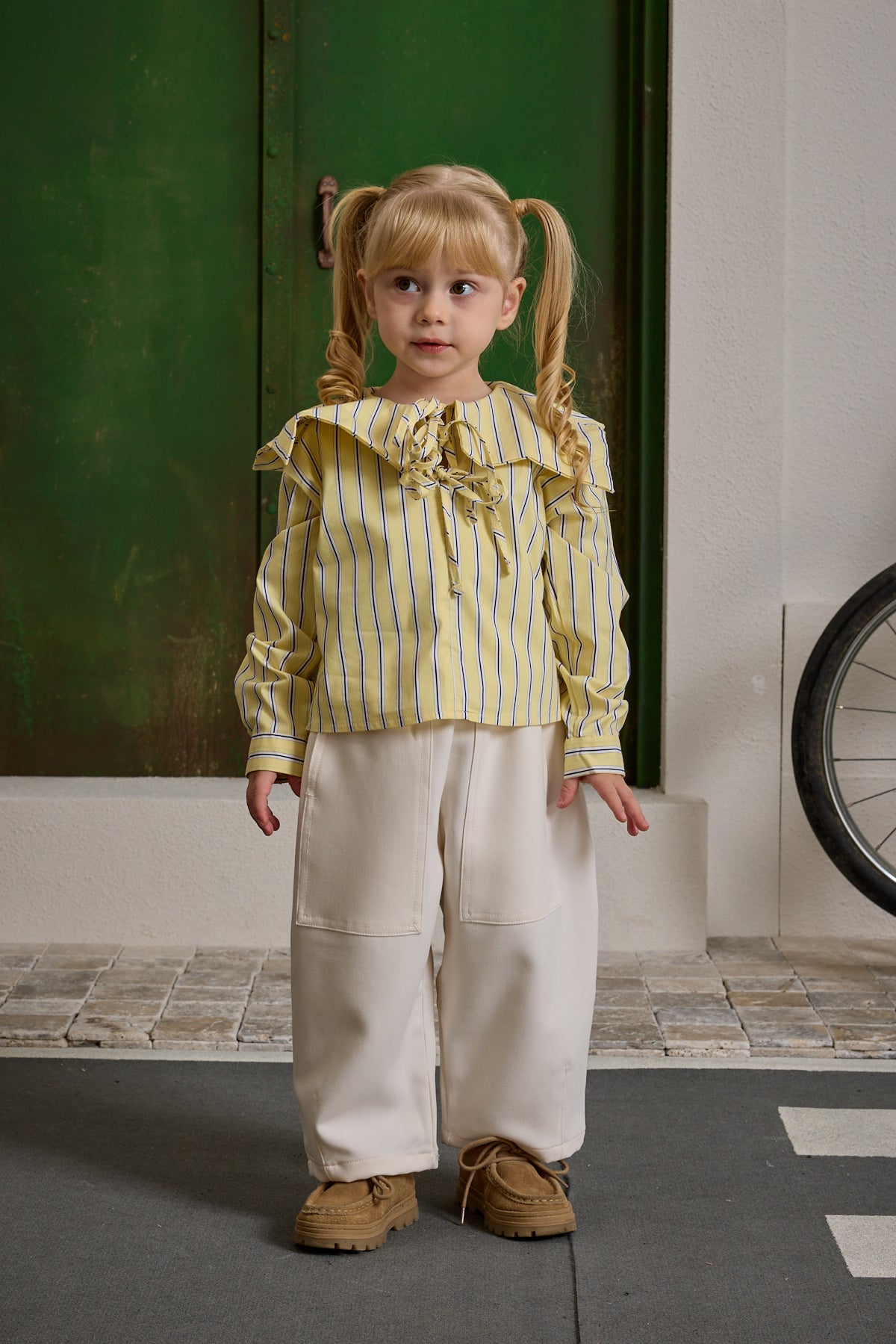 Bağcık Detaylı Çizgili Gömlek Sarı