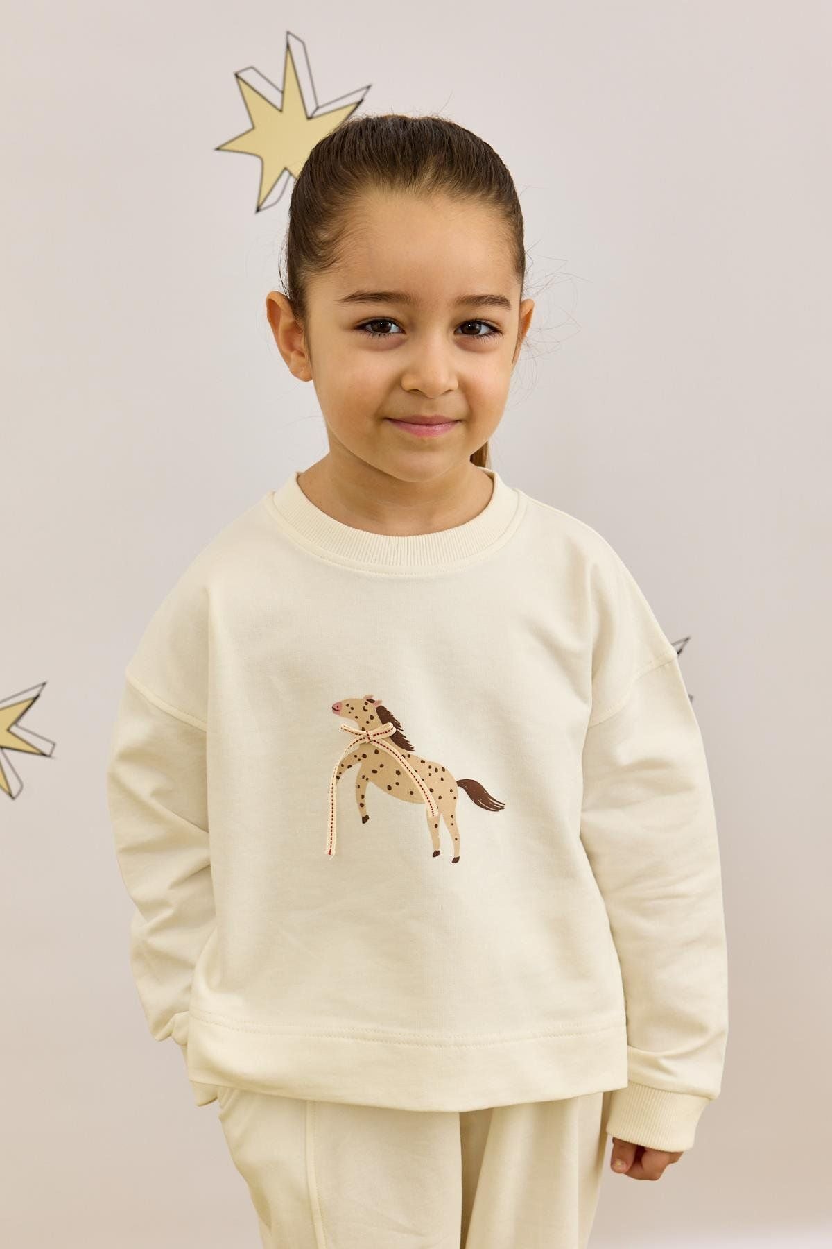 Baskılı Sweatshirt Takım Ekru
