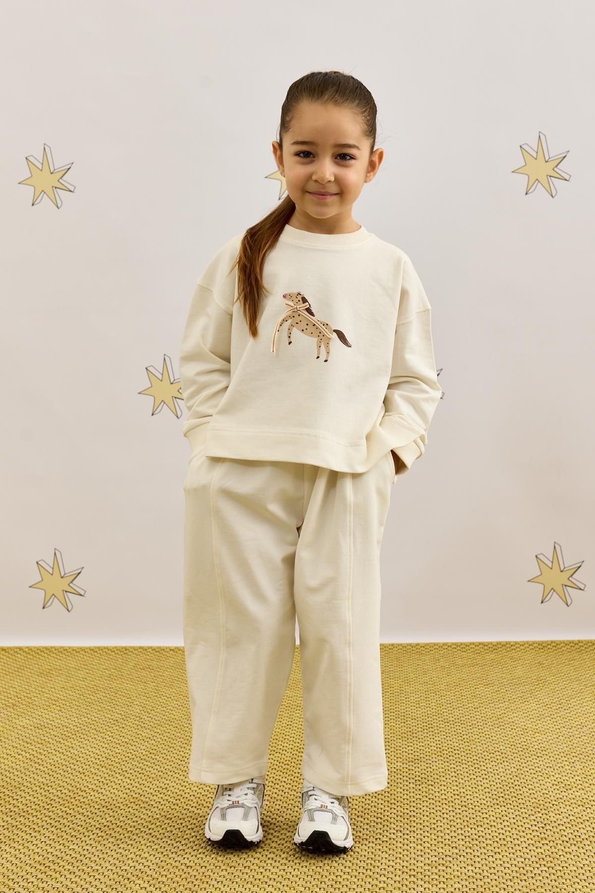 Baskılı Sweatshirt Takım Ekru