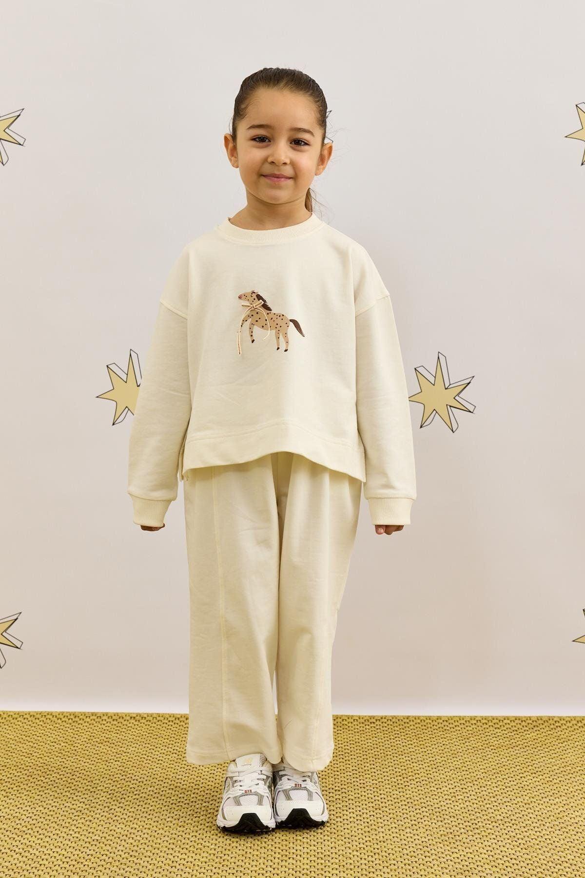 Baskılı Sweatshirt Takım Ekru