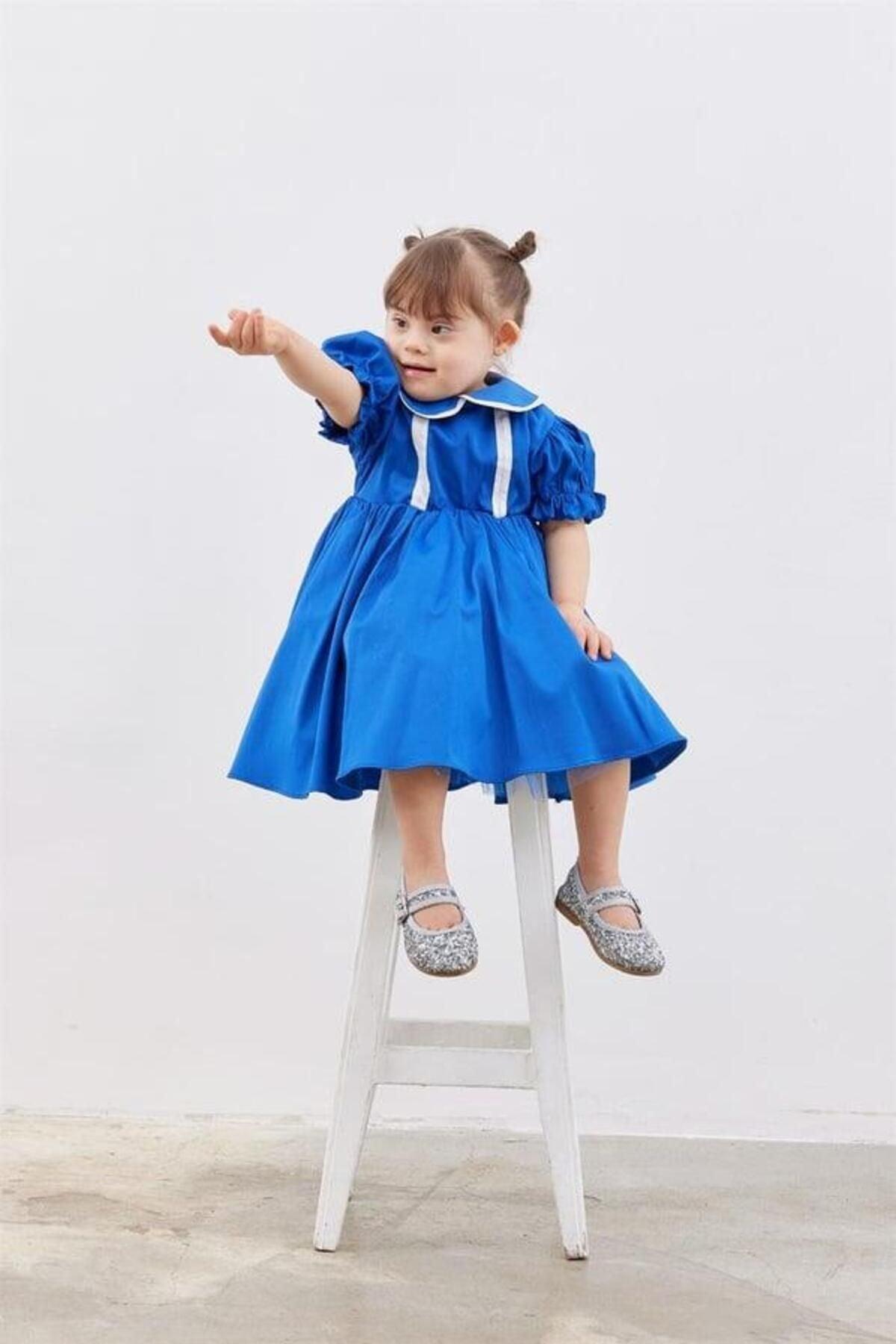 Bebek Balon Kollu Kabarık Elbise Mavi