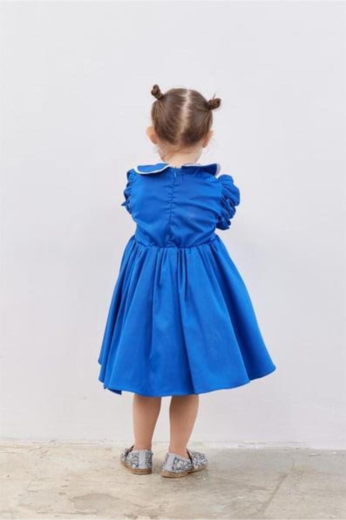 Bebek Balon Kollu Kabarık Elbise Mavi
