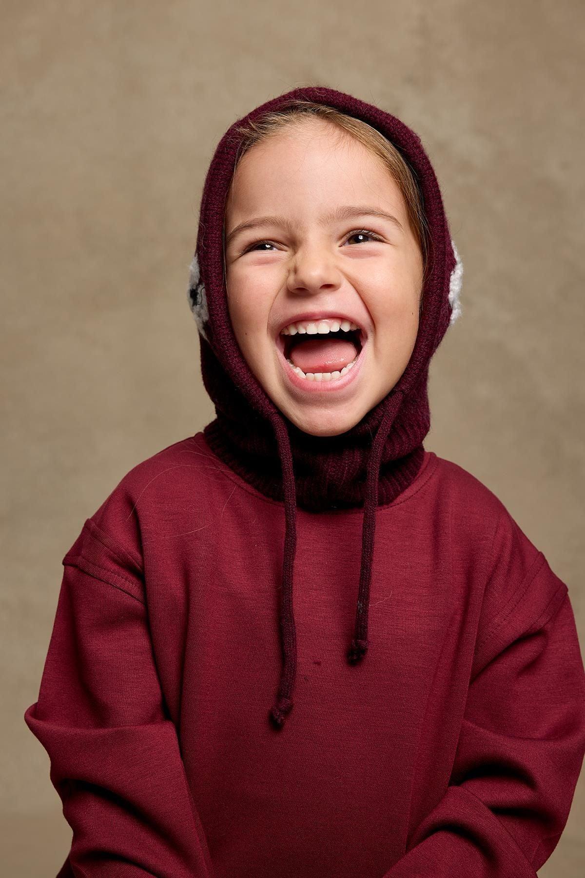 Floral Knitted Balaclava Beanie Burgundy