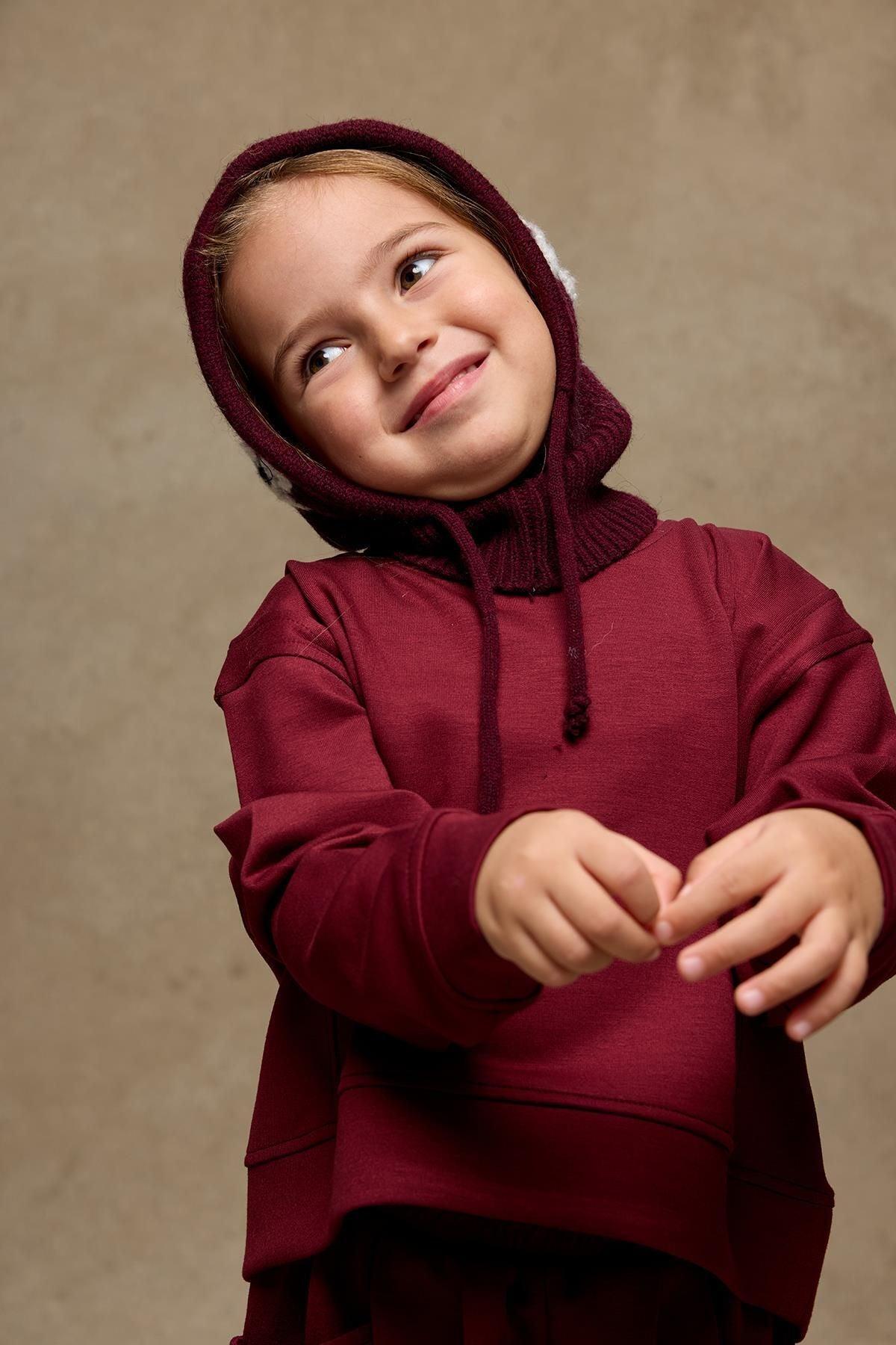 Çiçek Örgülü Balaclava Bere Bordo