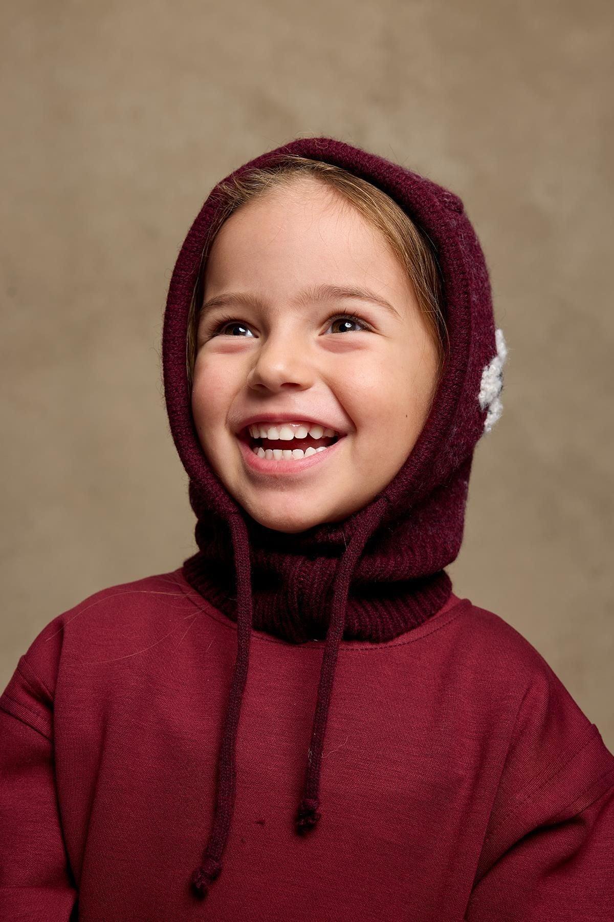 Çiçek Örgülü Balaclava Bere Bordo