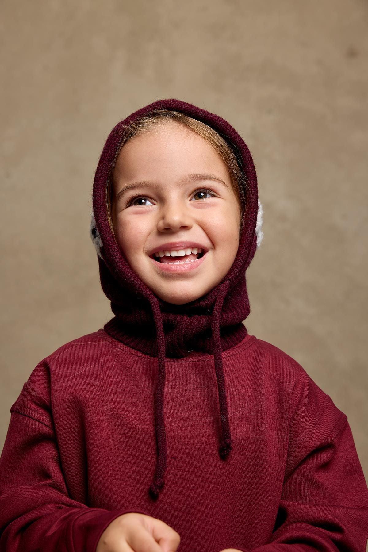 Çiçek Örgülü Balaclava Bere Bordo