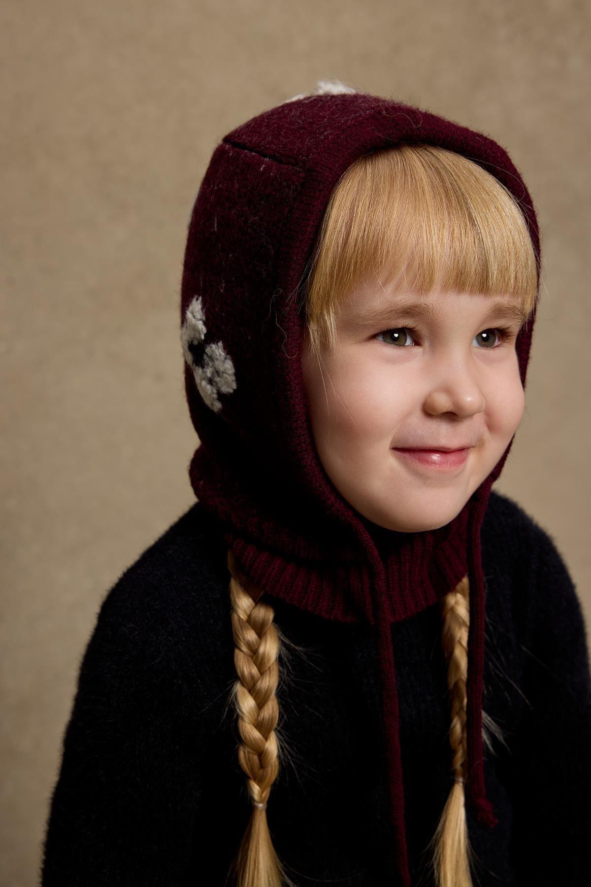 Çiçek Örgülü Balaclava Bere Bordo