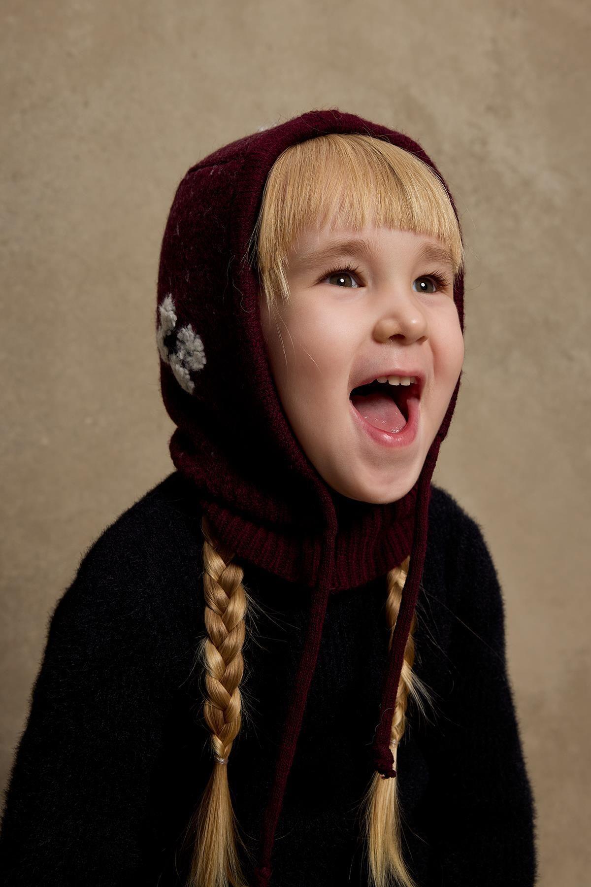 Çiçek Örgülü Balaclava Bere Bordo