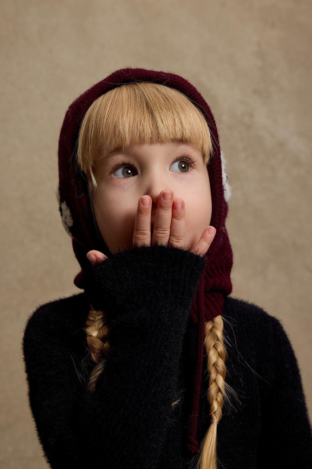 Çiçek Örgülü Balaclava Bere Bordo