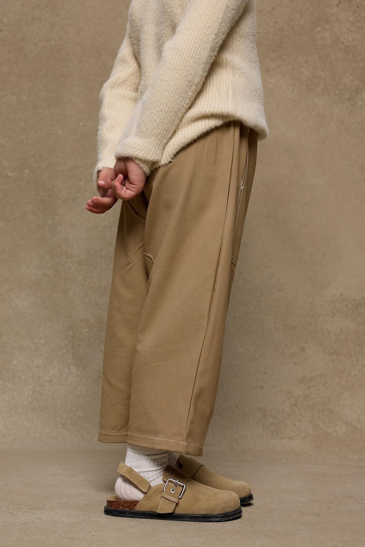 Çift İğne Çocuk Pantolon Camel