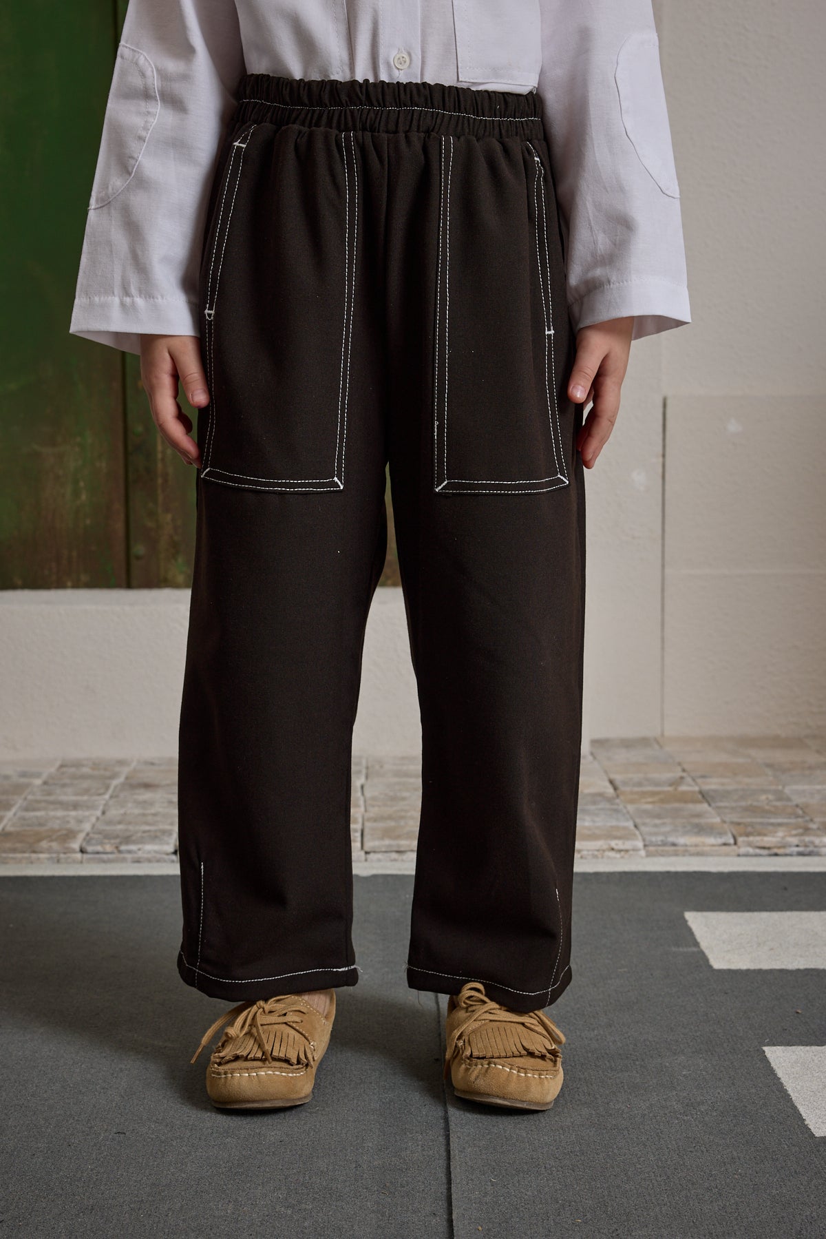 Double Needle Children's Trousers Brown