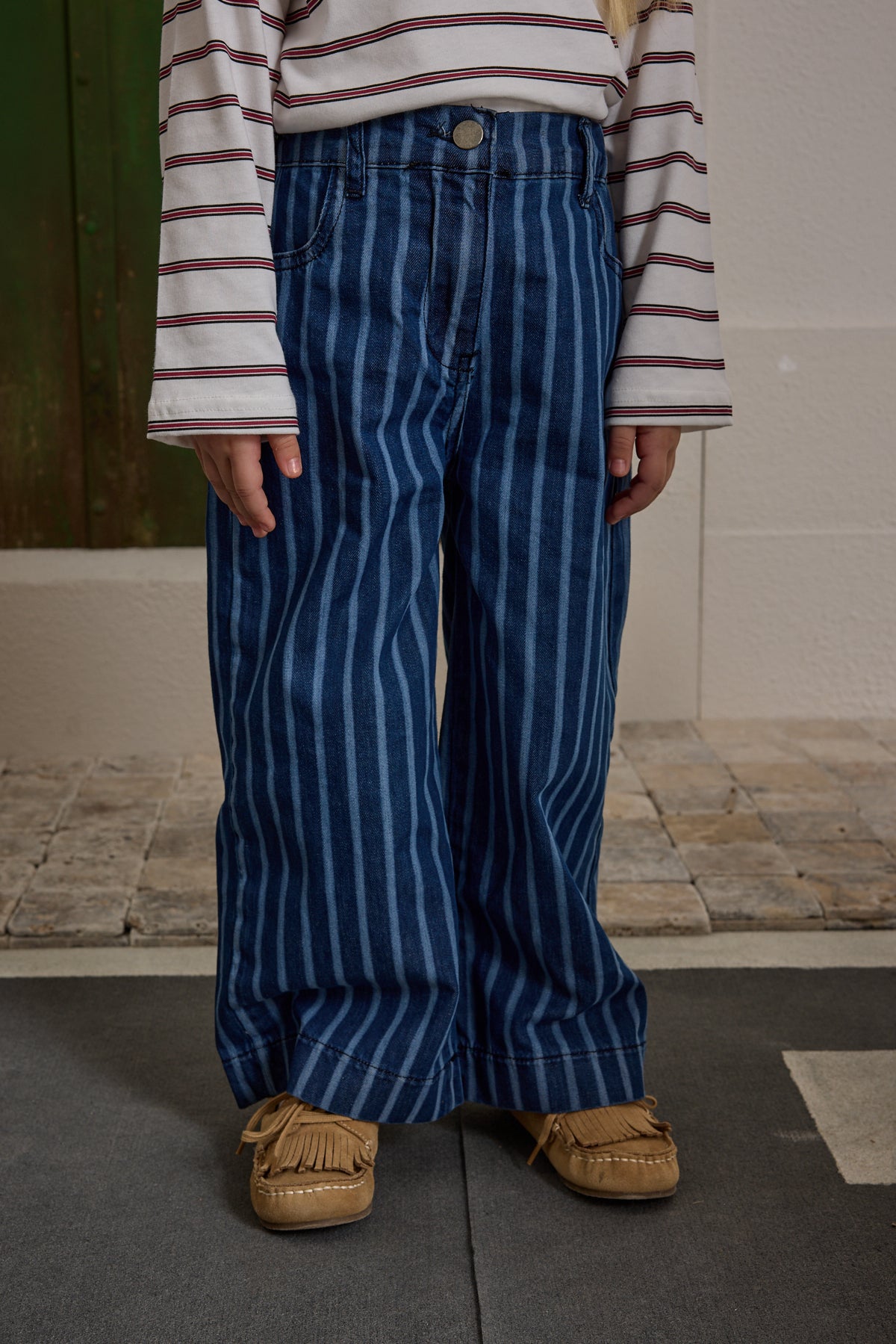 Çizgili Denim Pantolon Koyu Mavi