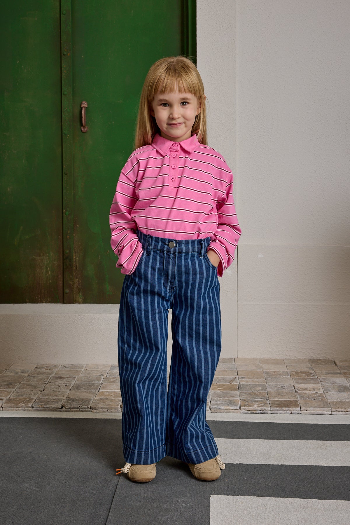 Çizgili Denim Pantolon Koyu Mavi