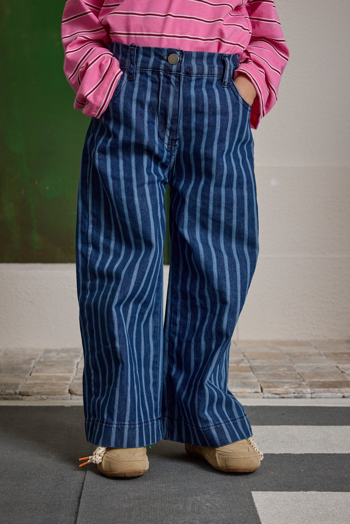 Çizgili Denim Pantolon Koyu Mavi