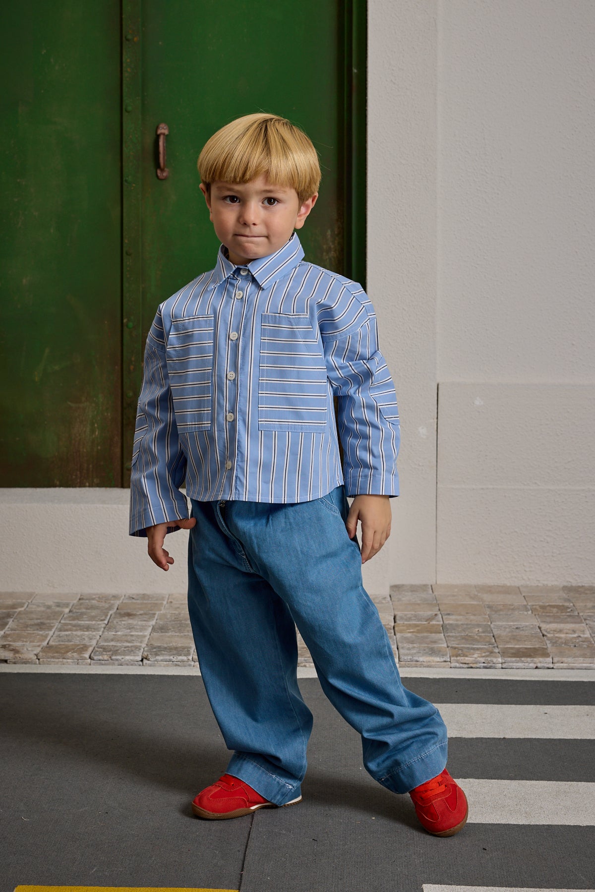 Çizgili Kanguru Cepli Gömlek Mavi