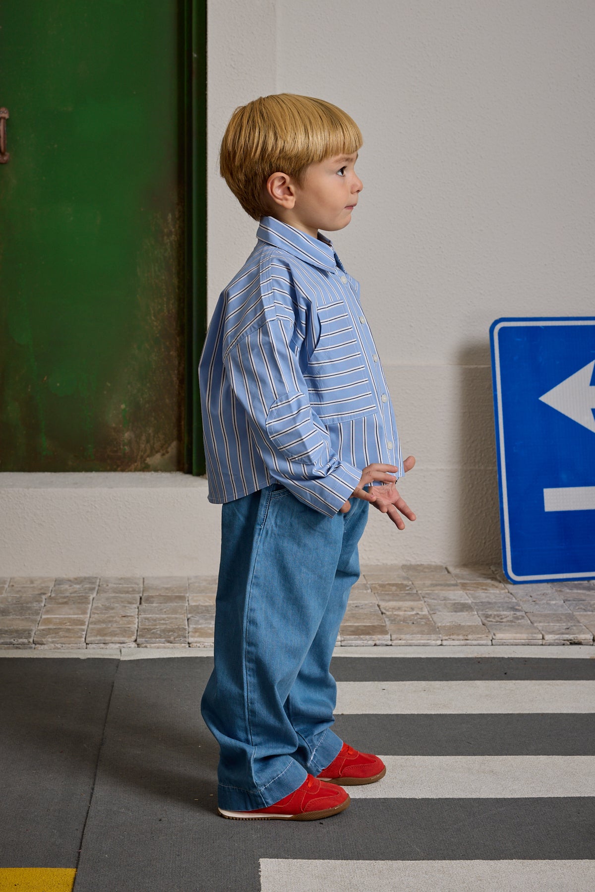 Çizgili Kanguru Cepli Gömlek Mavi