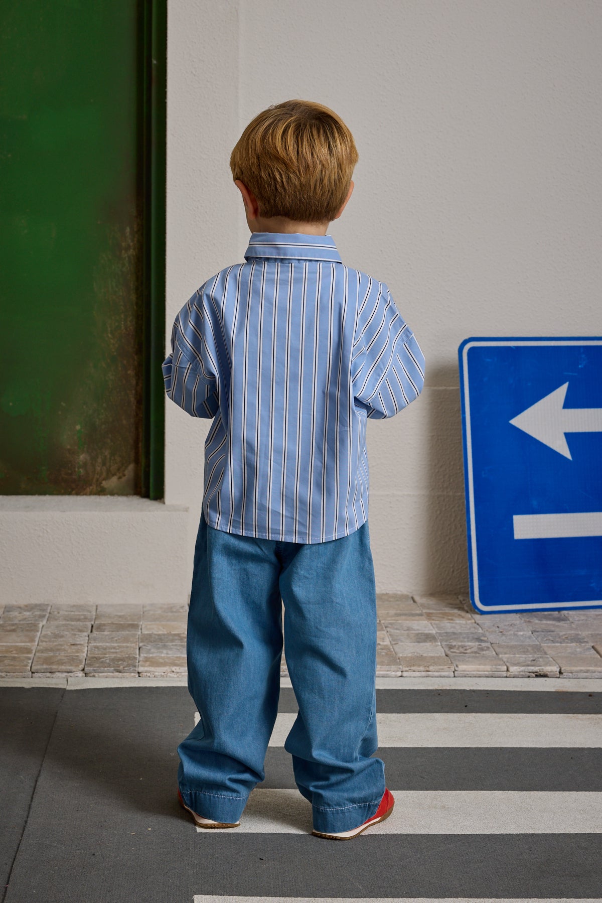 Çizgili Kanguru Cepli Gömlek Mavi