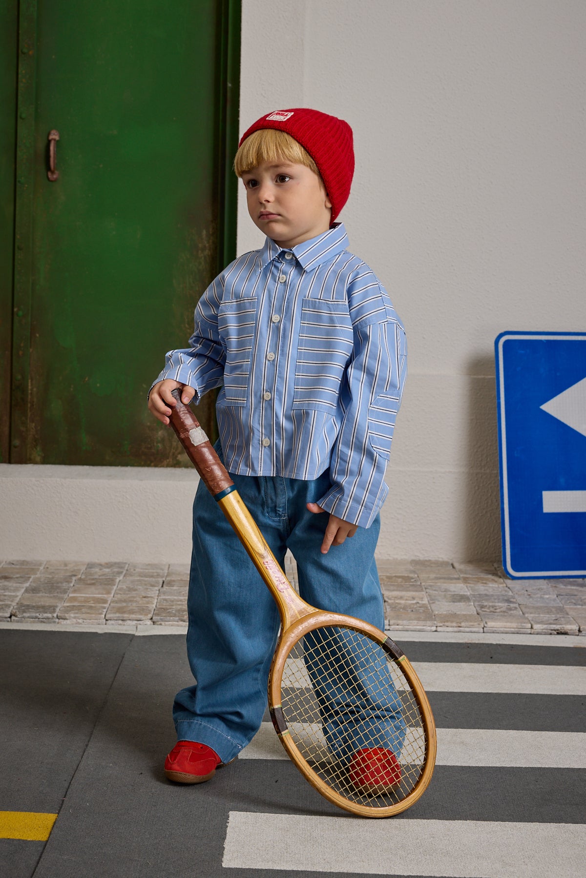 Çizgili Kanguru Cepli Gömlek Mavi