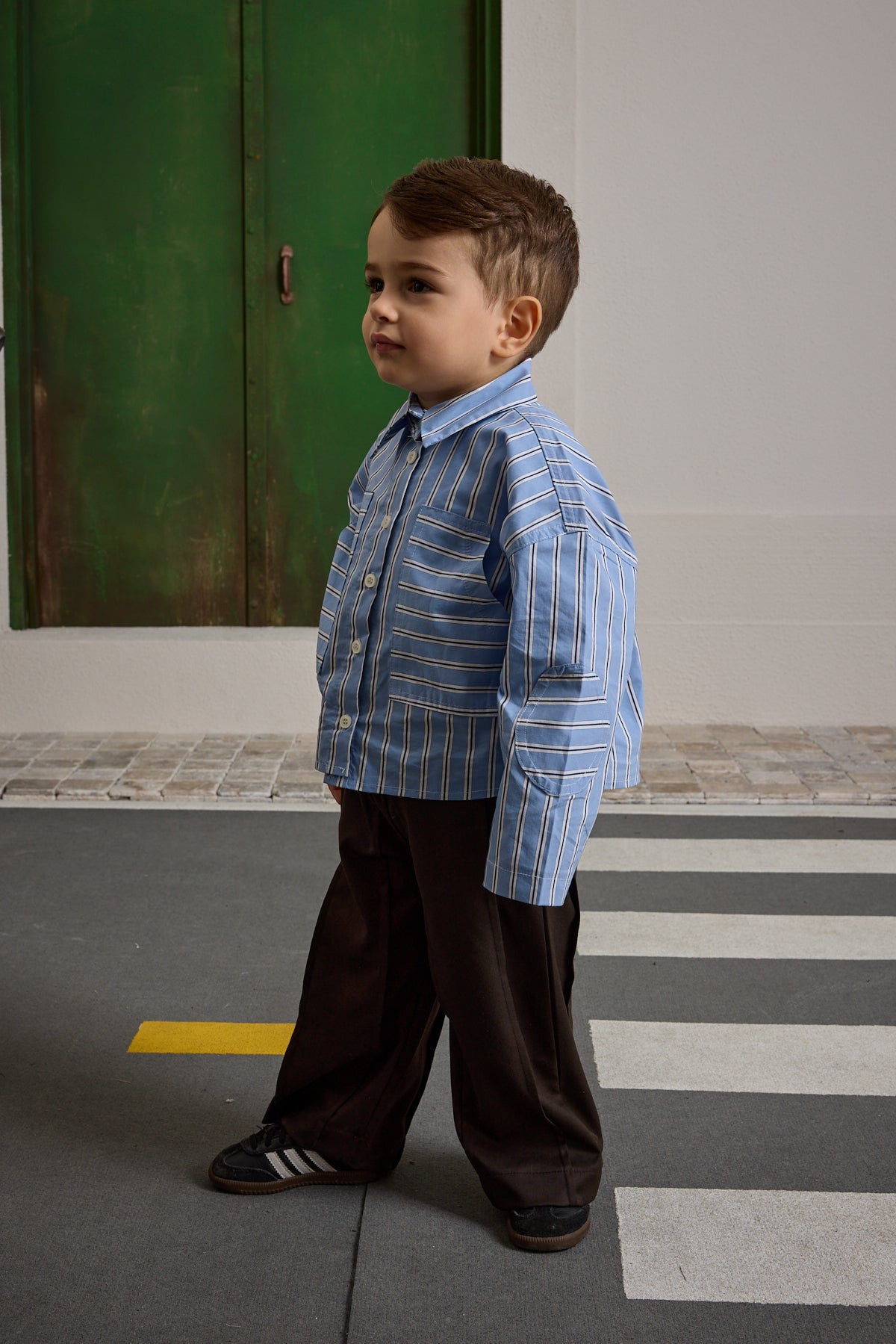 Çizgili Kanguru Cepli Gömlek Mavi