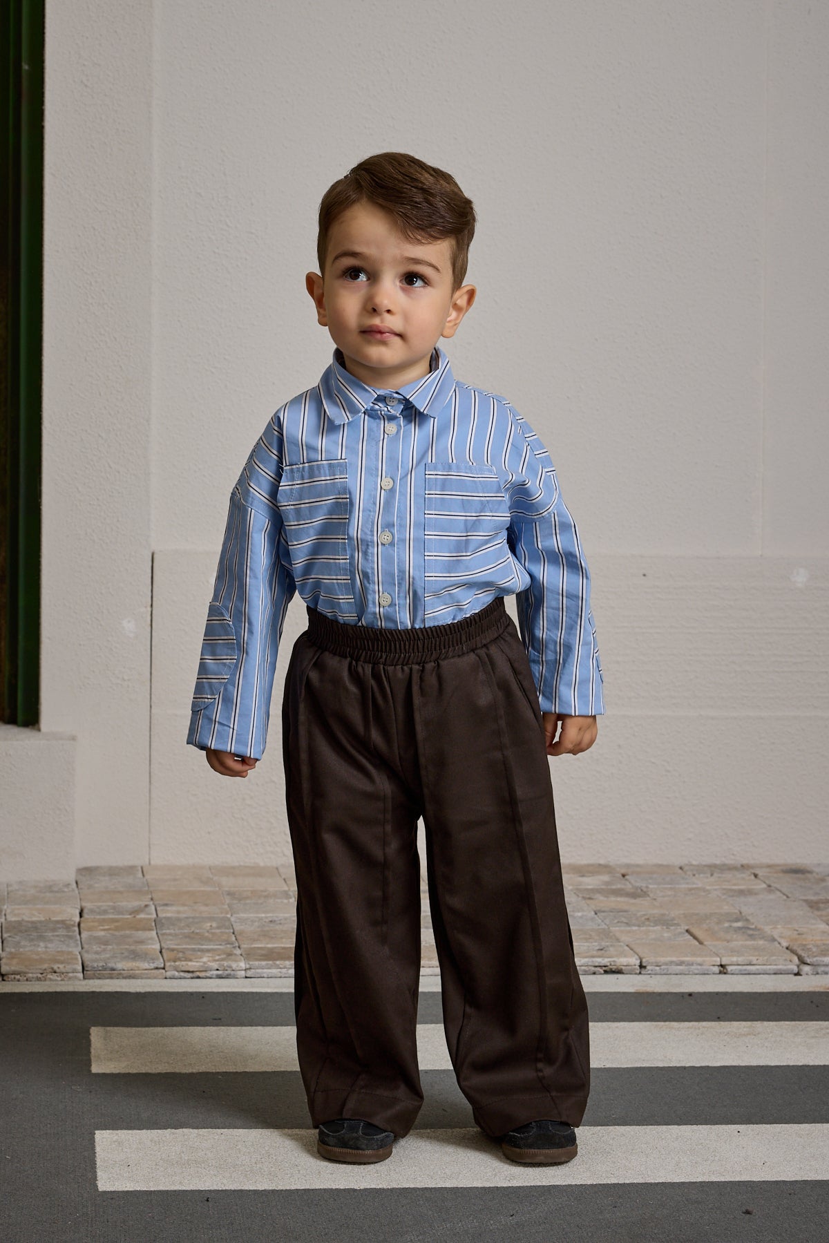 Çizgili Kanguru Cepli Gömlek Mavi