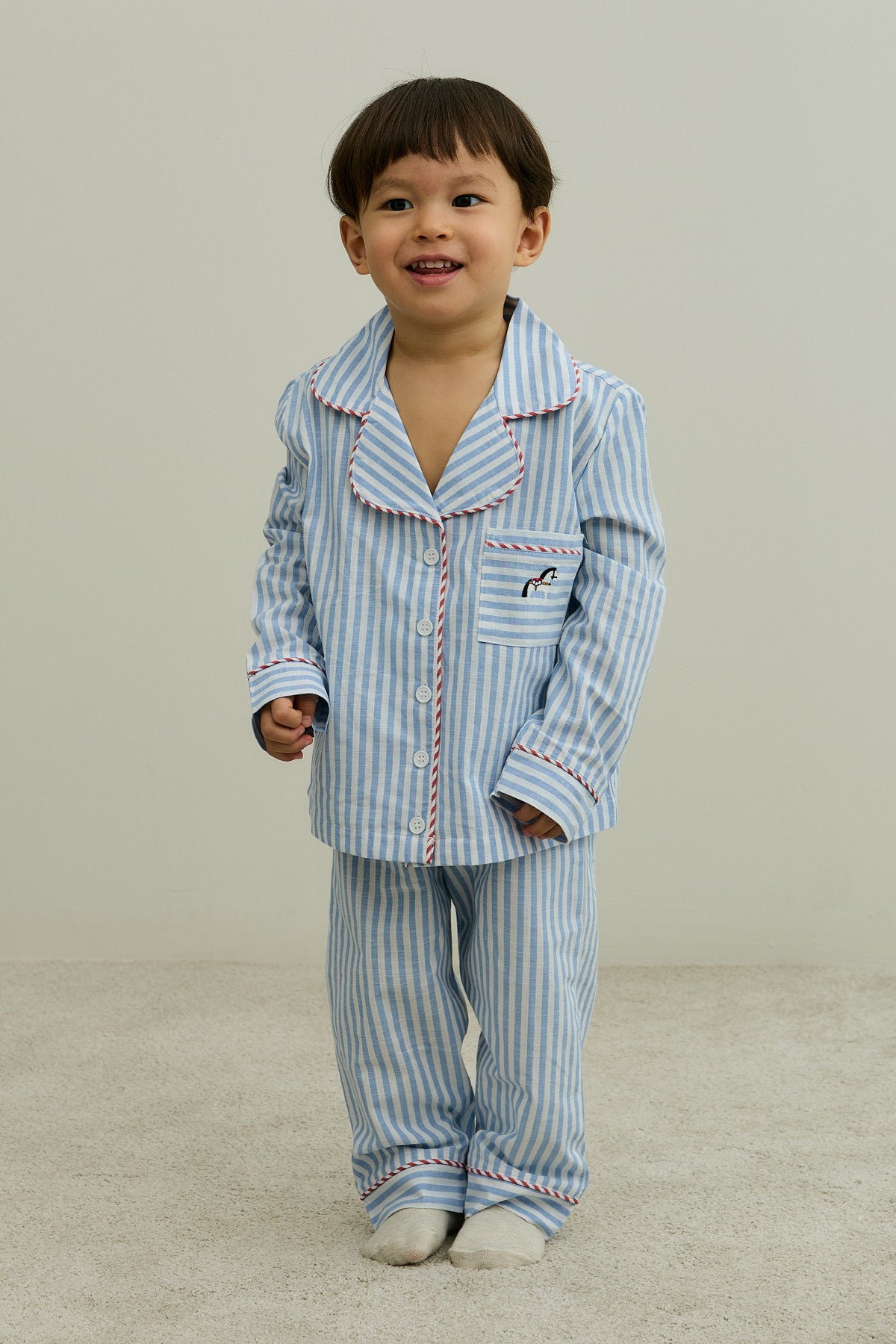 Çizgili Pamuk Pijama Takımı Mavi