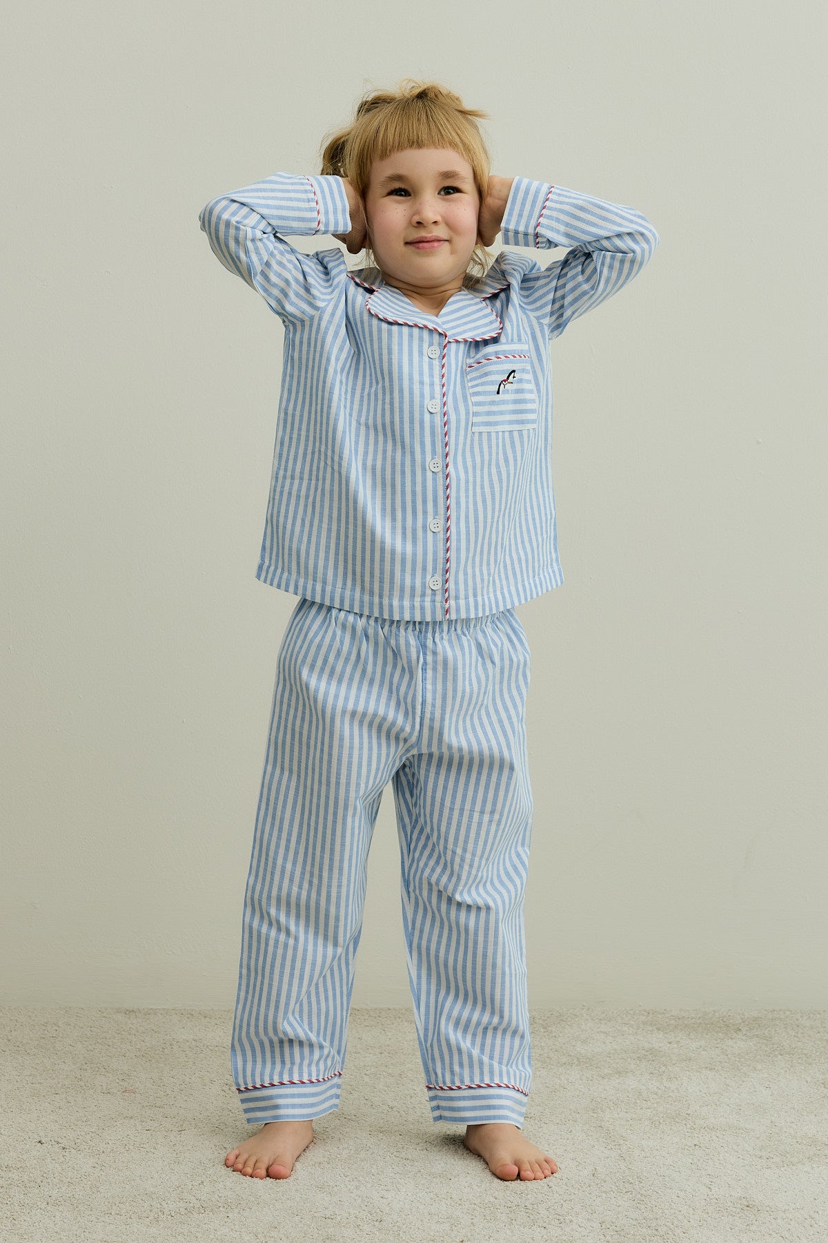 Çizgili Pamuk Pijama Takımı Mavi