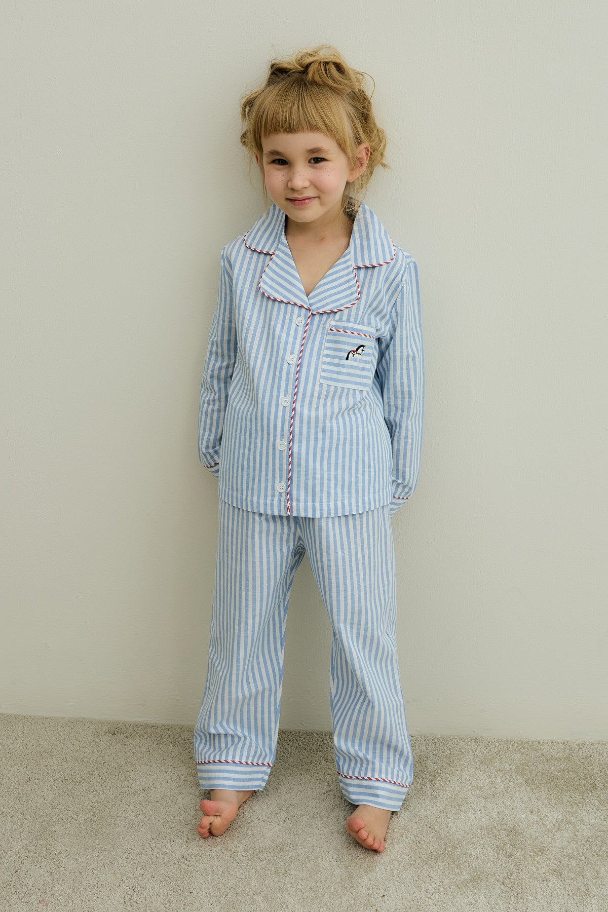 Çizgili Pamuk Pijama Takımı Mavi