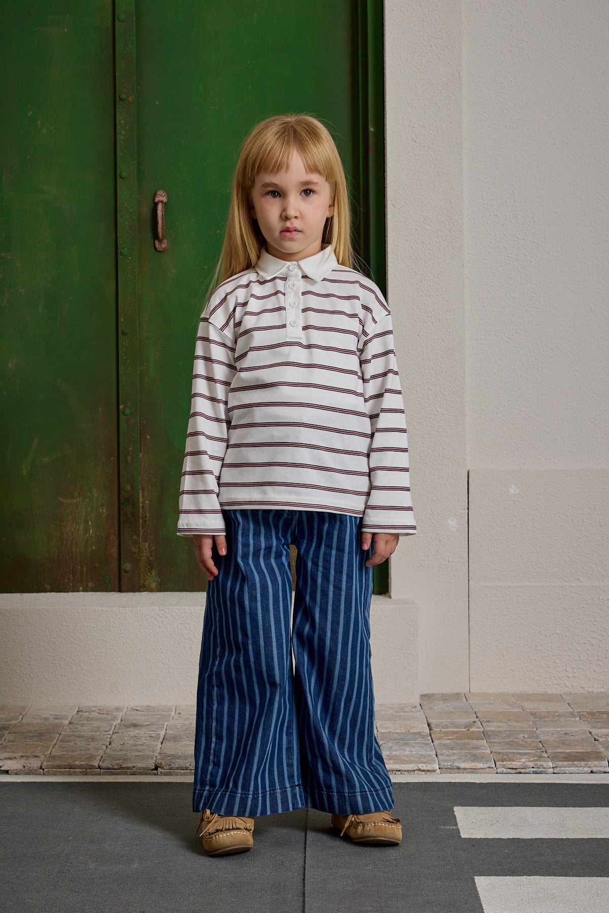 Striped Polo Collar Ecru