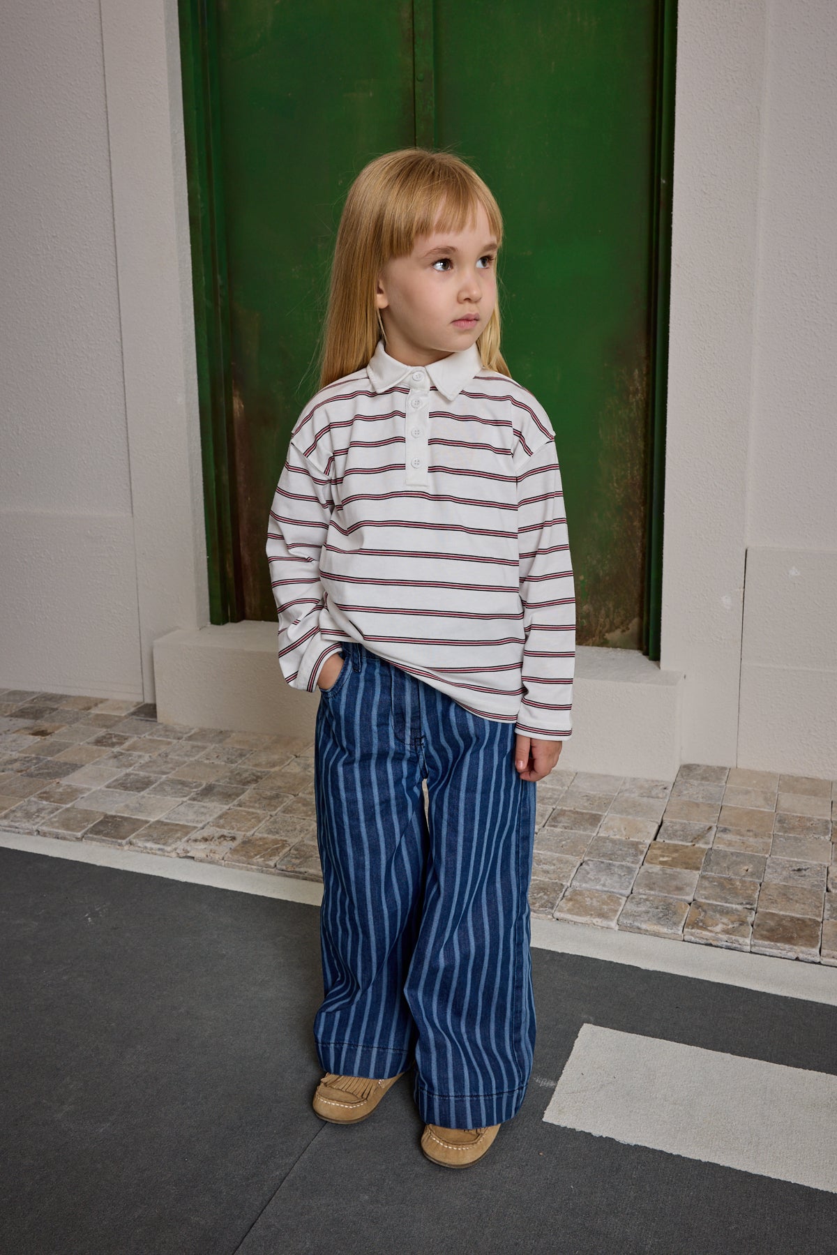 Striped Polo Collar Ecru