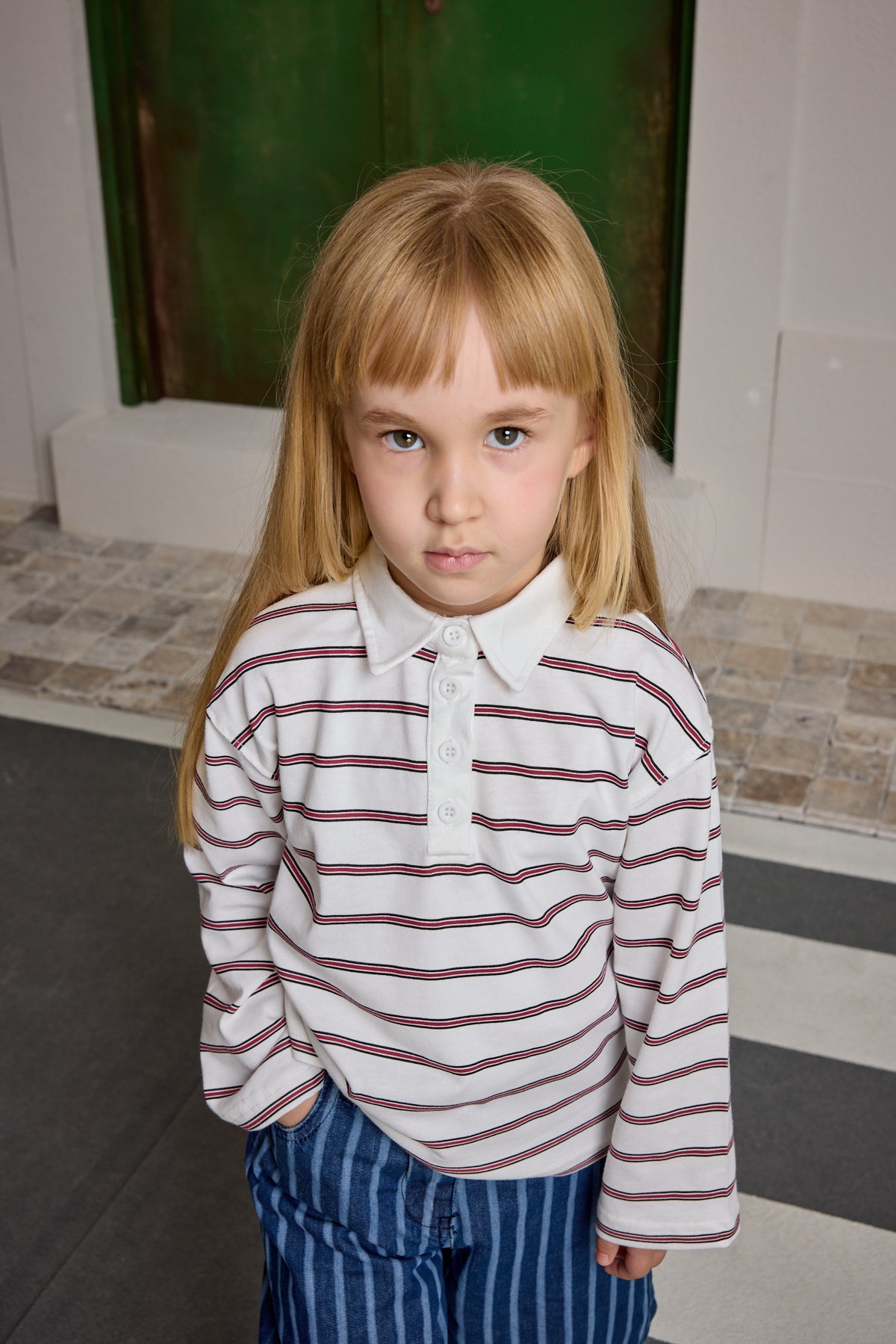 Striped Polo Collar Ecru